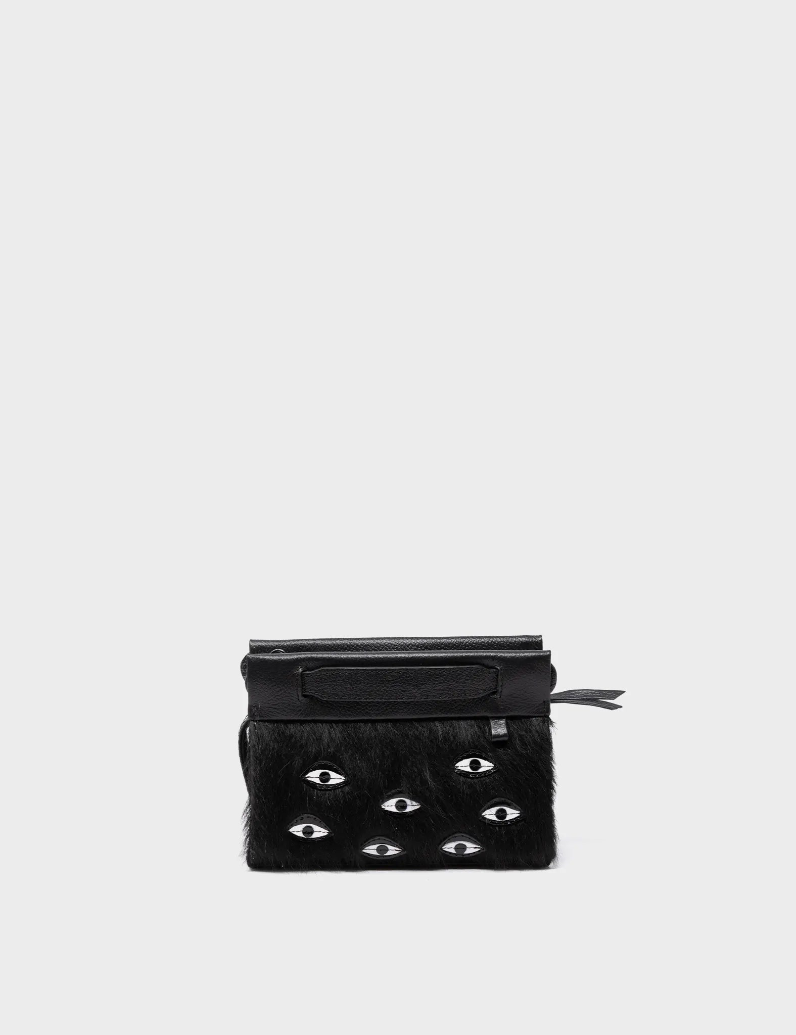 Vali Crossbody Micro Black Leather Bag with Eyes Applique & Adjustable Handle - Stylish & Compact Purse for Women, Perfect for Daily Use, Travel & Parties