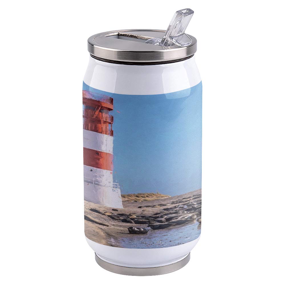 14oz Stainless Steel Tumbler with Lid & Straw - Double Wall Vacuum Insulated Travel Mug, Ocean Shore Red Lighthouse Design - Keeps Drinks Hot/Cold for Hours - Perfect for Coffee, Tea, Water & Beverages - Ideal for Home, Office, Gym, Travel & Outdoor Activities