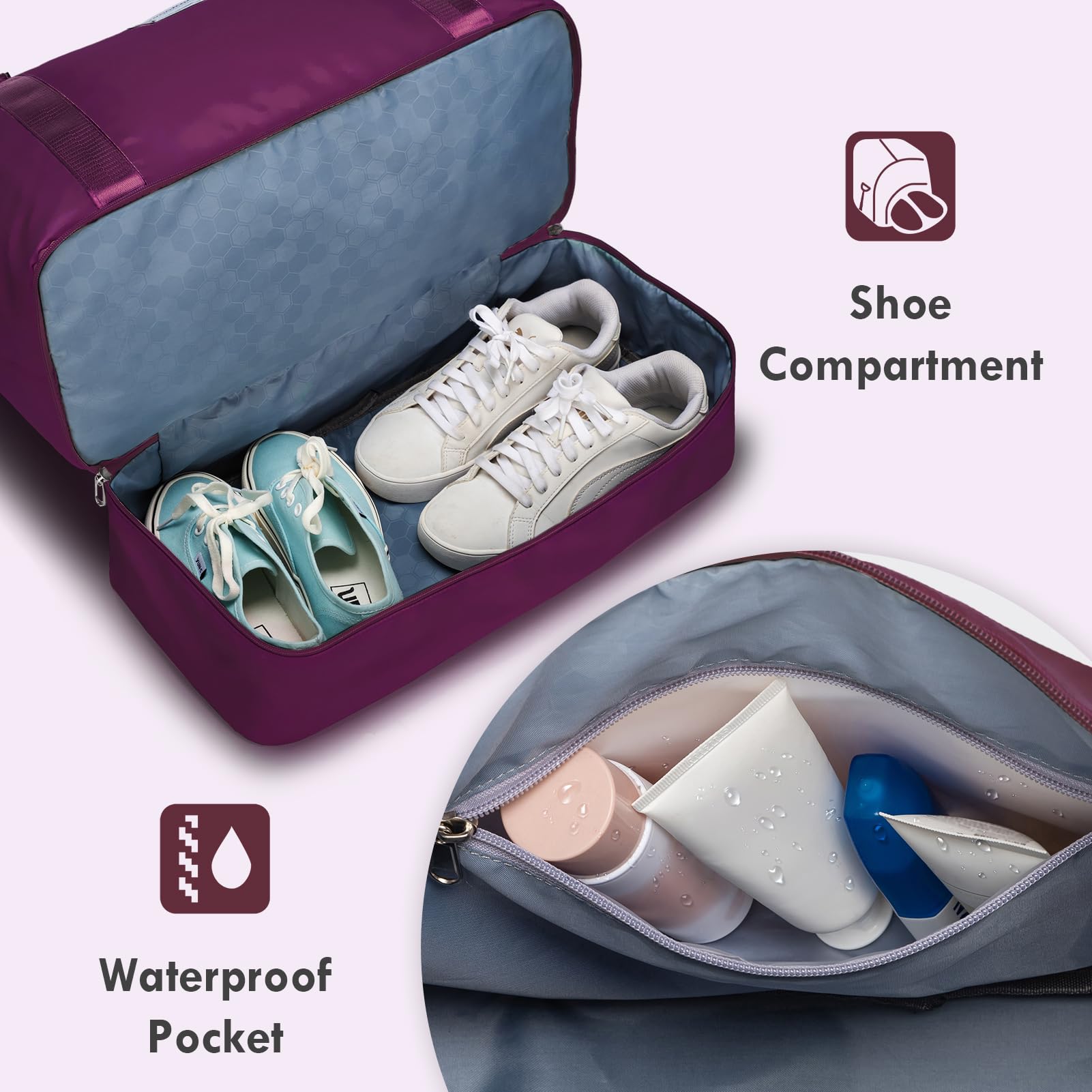 WOOMADA Women's Weekender Travel Bag with Shoe Compartment & Toiletry Pouch - Perfect Carry On Duffle for Overnight Trips, Hospital Labor Delivery & Maternity Use (Mulberry Purple)