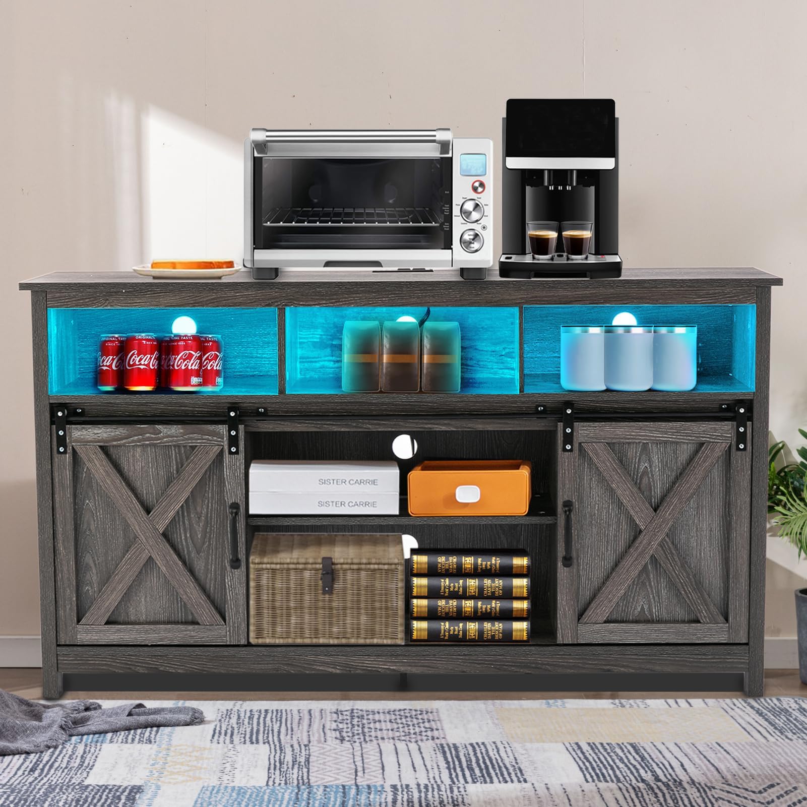 Vinctik 57-Inch Farmhouse TV Stand with Sliding Barn Doors - Wooden Entertainment Center for 60-65 Inch TVs, Double Layer Storage Cabinet with Built-in Power Outlets (Grey Wash) - Perfect for Living Room, Bedroom & Home Theater Setup