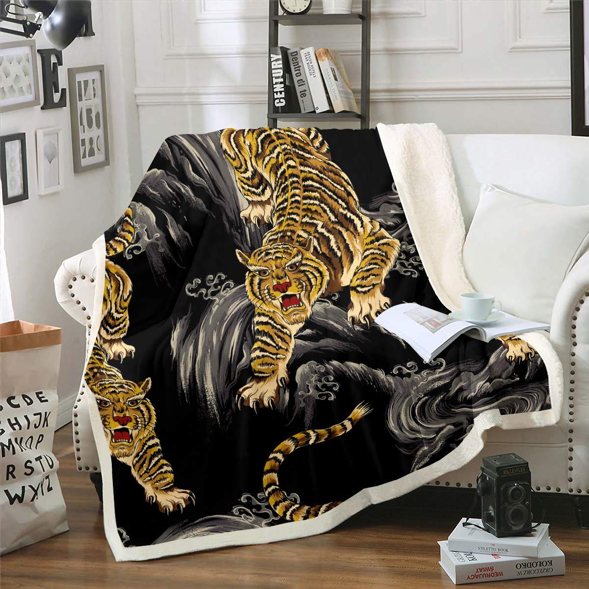 Boys Tiger Sherpa Blanket - Hand Drawn Asian Tiger Design Fleece Throw Blanket for Kids, 30x40 Inch - Soft Plush Wild Animal Theme Blanket for Sofa, Bed, Couch & Nursery - Perfect for Cozy Nights, Baby Gifts & Safari-Themed Room Decor