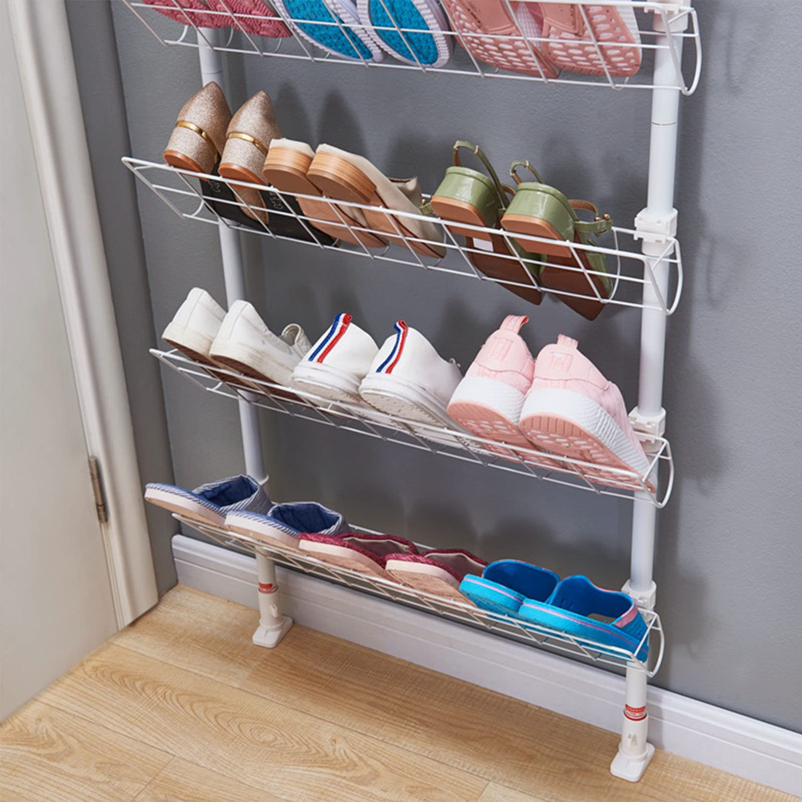 Adjustable 4-Tier Coat Rack & Shoe Organizer with 8 Hooks - 2-in-1 Metal Standing Behind Door Storage Stand for Hallway, Entryway, Foyer (White, 75cm/29.5in) - Space-Saving Solution for Small Apartments & Closet Organization