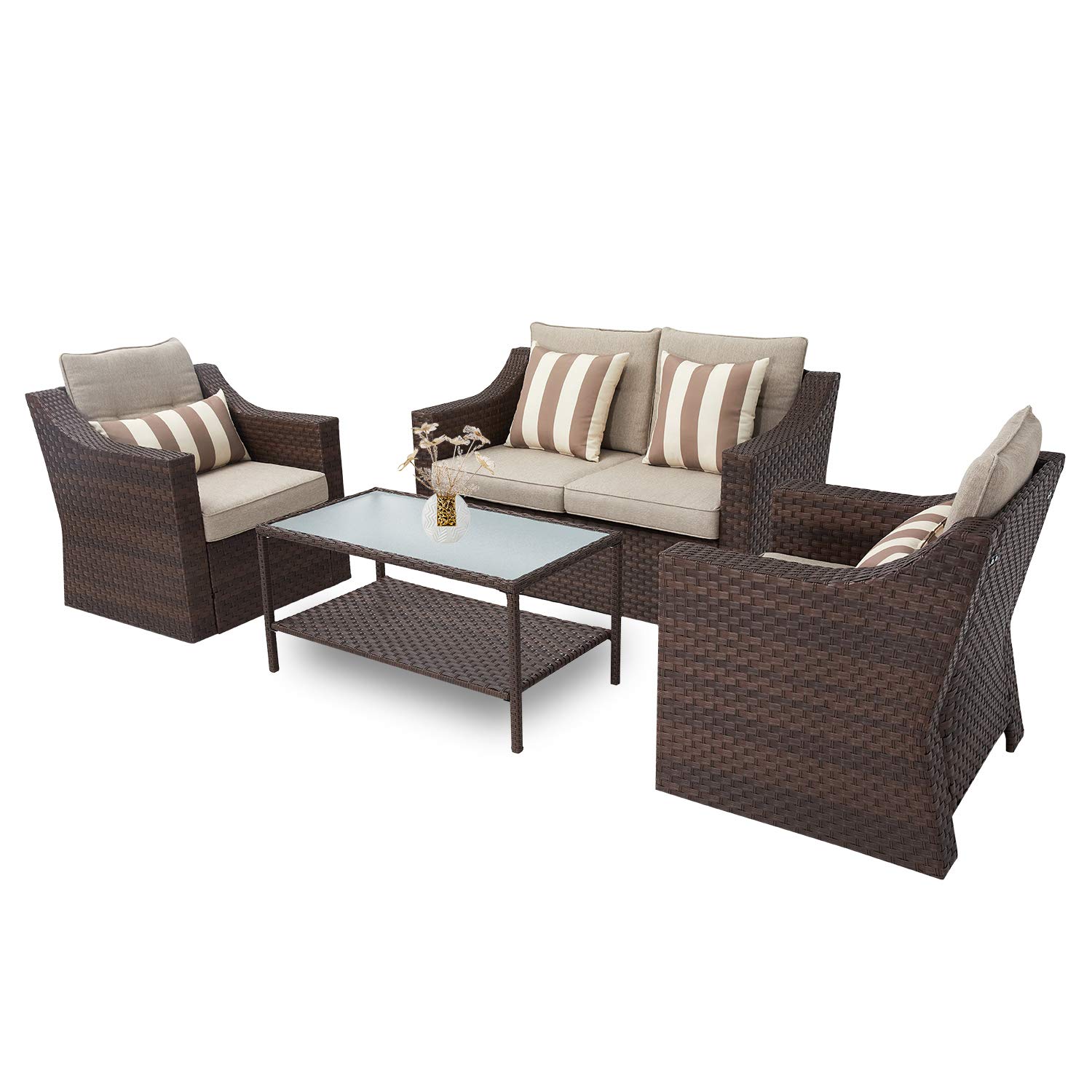 Oakmont 4-Piece Patio Conversation Set - Outdoor Wicker Furniture Sofa with Beige Cushions & Coffee Table (Brown) - Perfect for Backyard, Garden, Poolside & Patio Relaxation