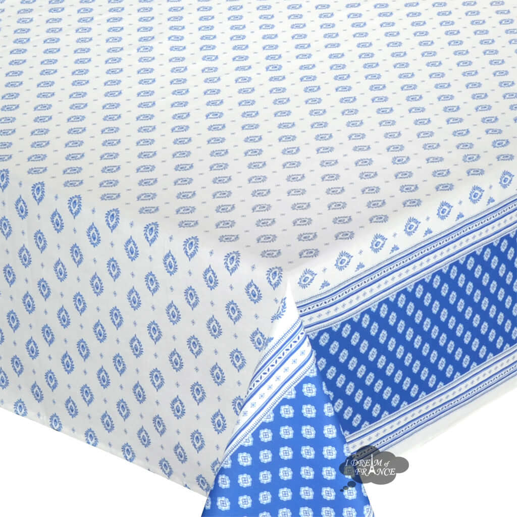 60x96 Sormiou Blue & White Double Border Acrylic Coated Cotton Tablecloth by Label France - Waterproof & Stain-Resistant Dining Table Cover for Restaurants, Weddings & Outdoor Events
