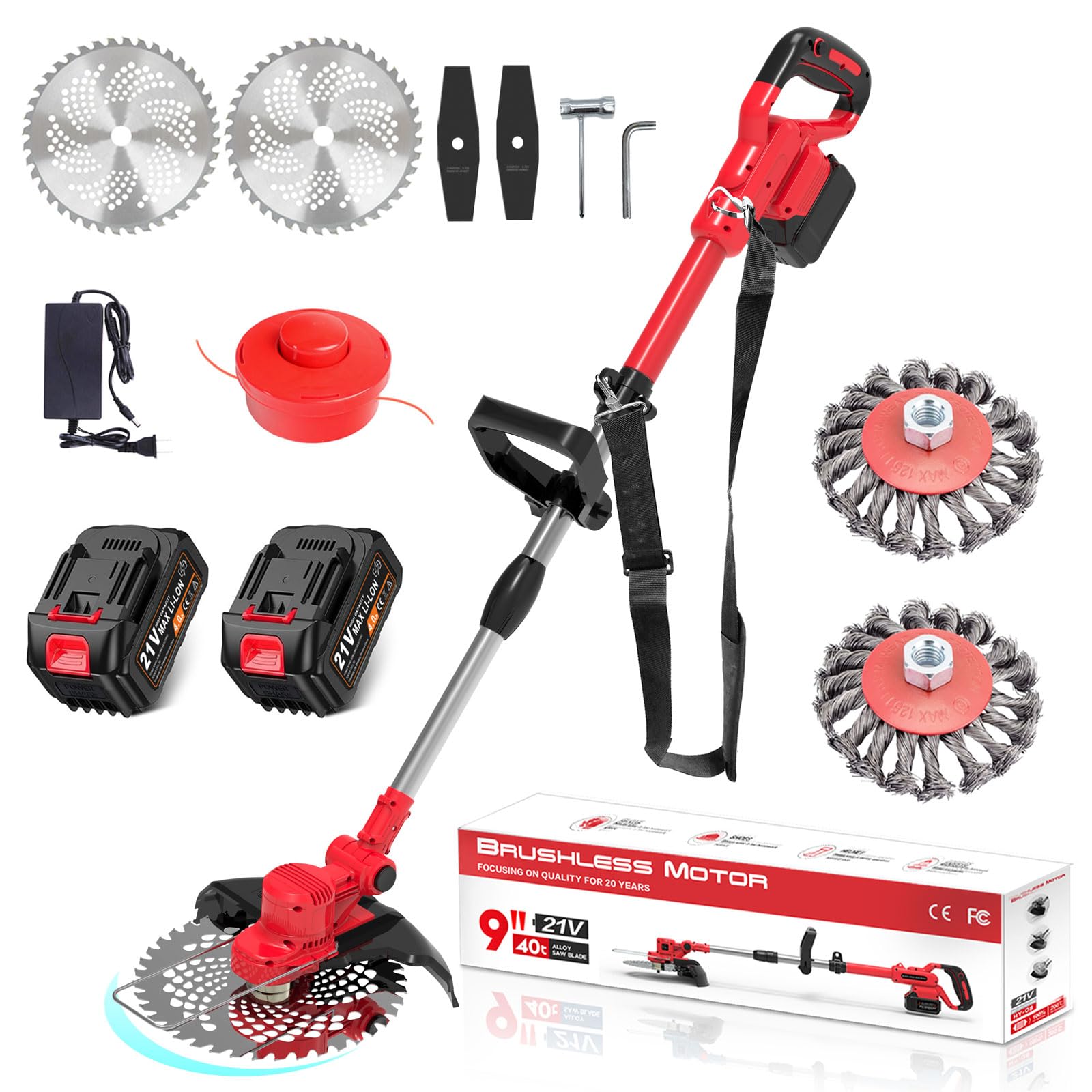21V 4.0Ah Cordless Grass Trimmer with Battery & Weed Brush - 4-in-1 Electric Lawn Trimmer, 20,000 RPM, Adjustable 1-45
