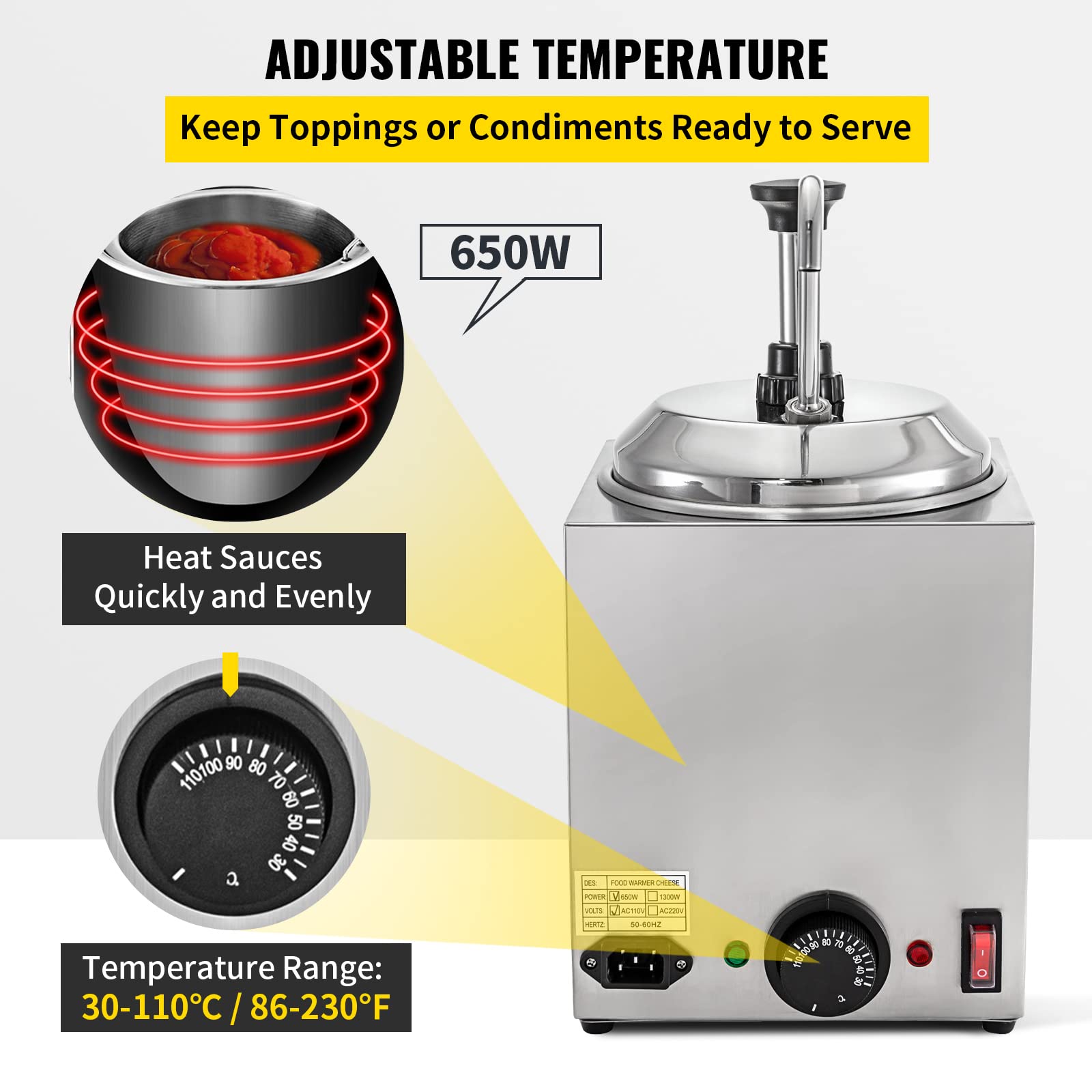 VBENLEM 2.6Qt Commercial Cheese Warmer with Pump - 650W Stainless Steel Nacho Cheese Dispenser for Hot Fudge, Caramel & Chocolate - Perfect for Restaurants, Cinemas & Party Snack Stations
