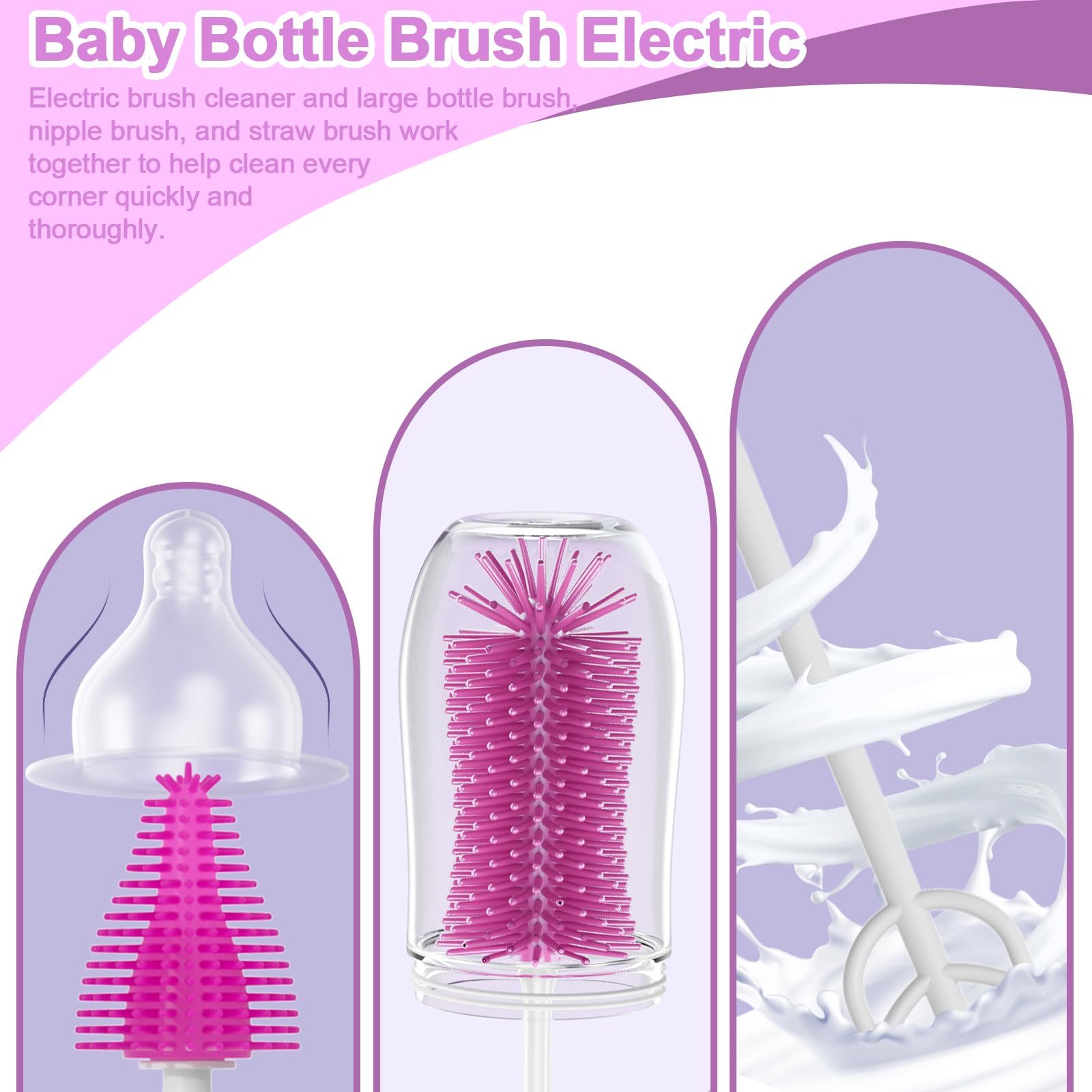 Portable Electric Baby Bottle Brush Set with Nipple & Straw Brush, Milk Frother & Drying Base - IPX7 Waterproof, Rechargeable Travel Cleaning Kit (Purple) - Perfect for Travel, Home & On-the-Go Baby Bottle Cleaning