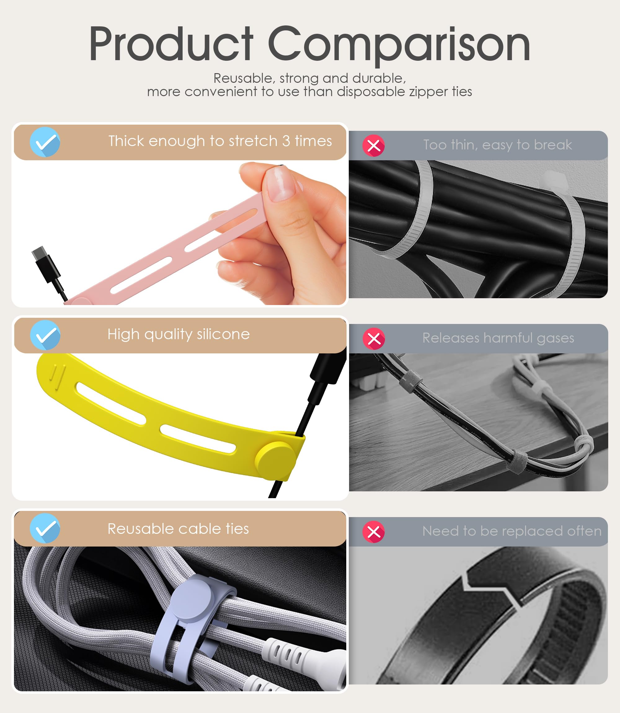 Adjustable Silicone Cable Ties 40pcs - Reusable Cord Organizer for Charging Cords, Earphones & Computer Wires - Perfect for Office Desk & Travel Accessories