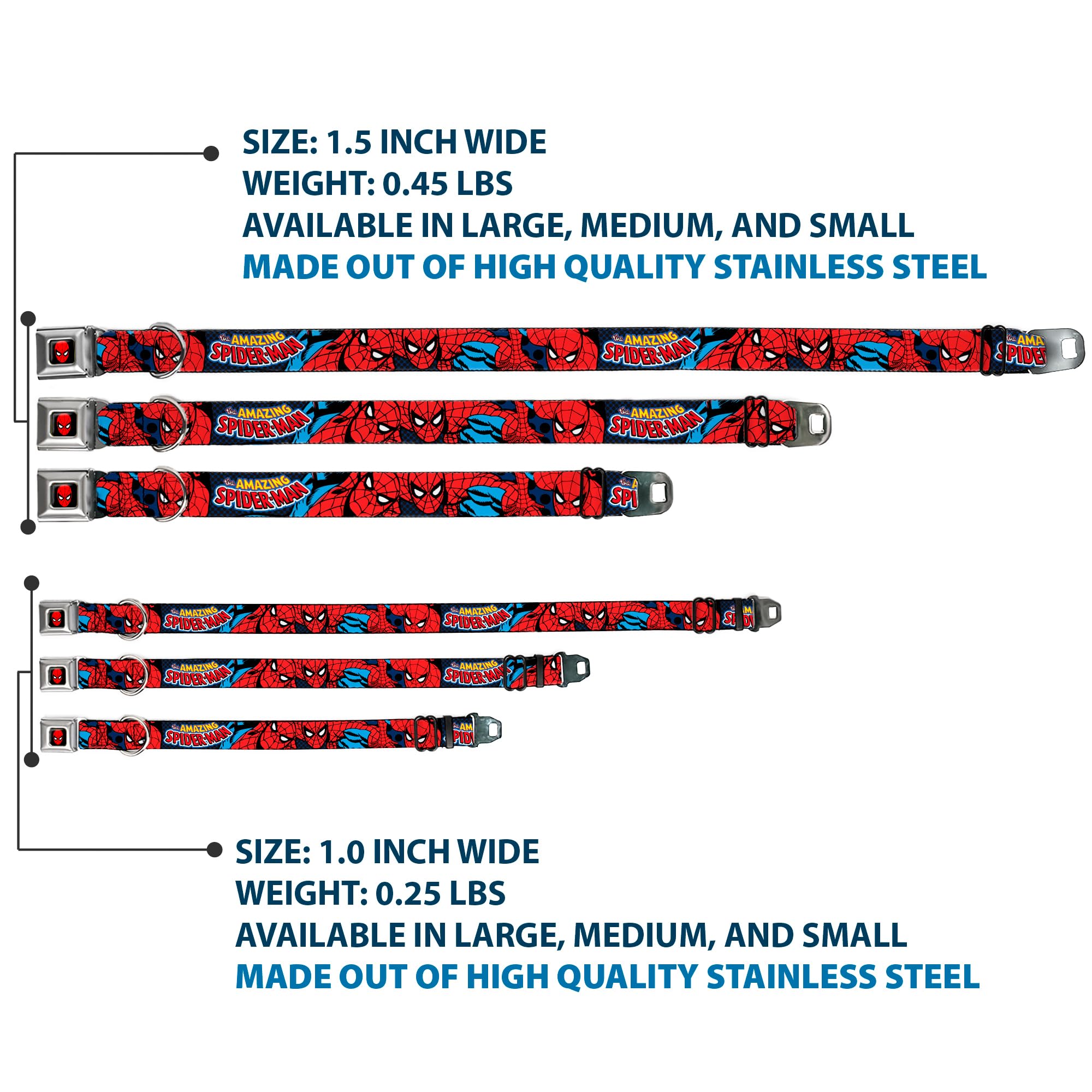 Amazing Spider-Man Dog Collar with Seatbelt Buckle - Adjustable 9 to 15 Inches, 1.0 Inch Wide, Multi-Color (DC-WSPD001-S) - Perfect for Superhero Fans & Pet Safety in Cars