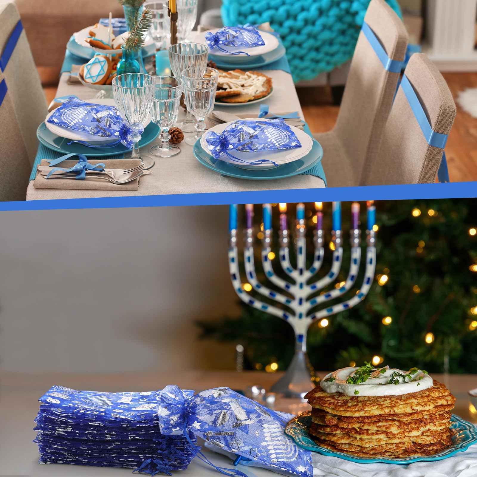 60 Pack Hanukkah Mesh Gift Bags - Chanukah Party Favor Sachets for Candy, Chocolate Coins & Cookies - Perfect for Hanukkah Celebrations, Holiday Gifting & Festive Treat Packaging