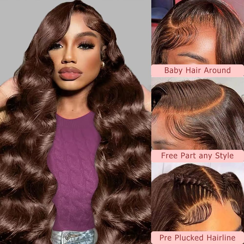 13x6 HD Lace Front Wig Human Hair 28 Inch Chocolate Brown Body Wave Pre Plucked 200 Density with Baby Hair | Natural Looking Wigs for Women, Daily Wear, Cosplay & Special Occasions