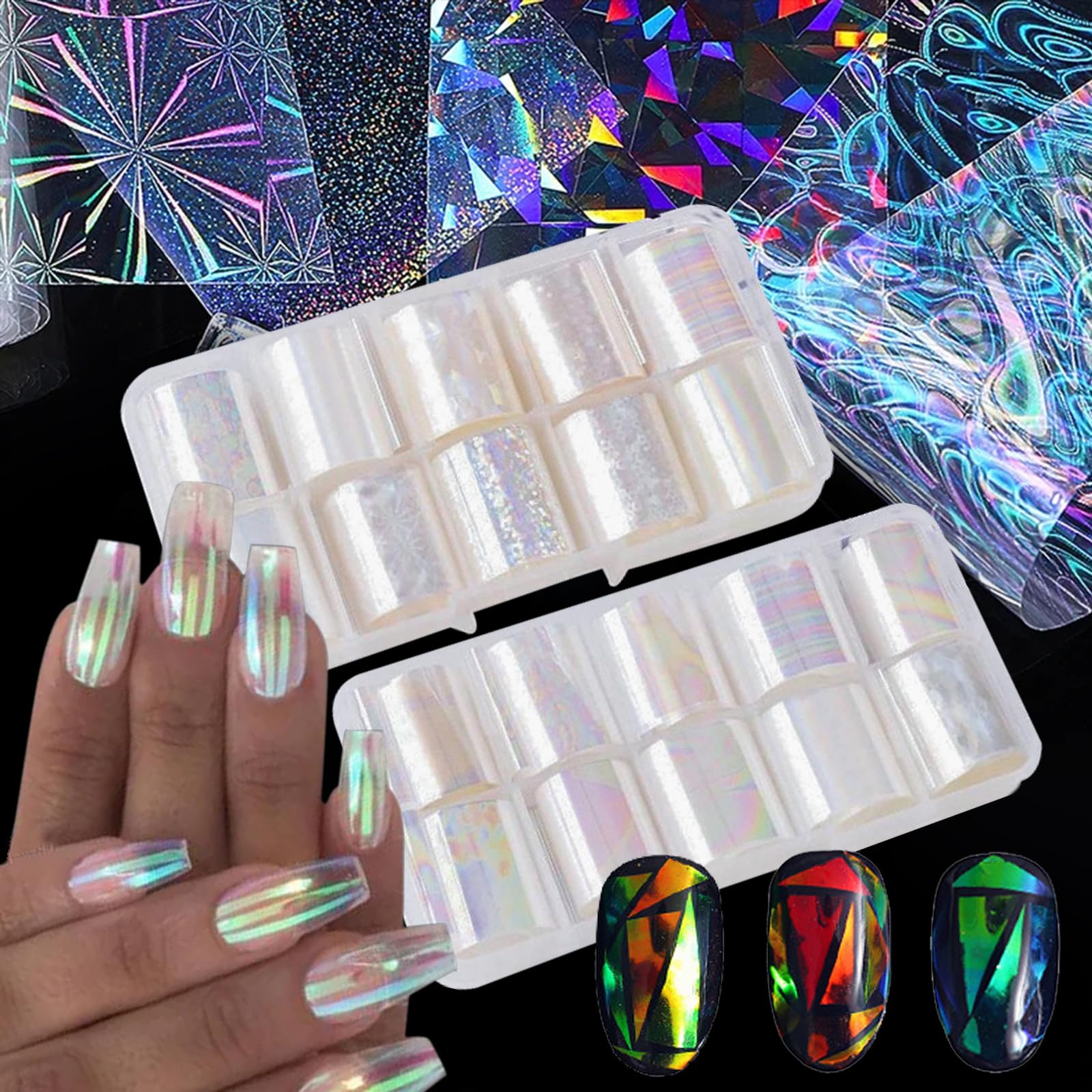 JCAKES 20 Rolls Holographic Nail Foil Sheets - Iridescent Nail Art Transfer Foil for Manicure, Nail Stickers & Decals - Perfect for DIY Nail Designs, Salon Use & Party Nail Art Decorations