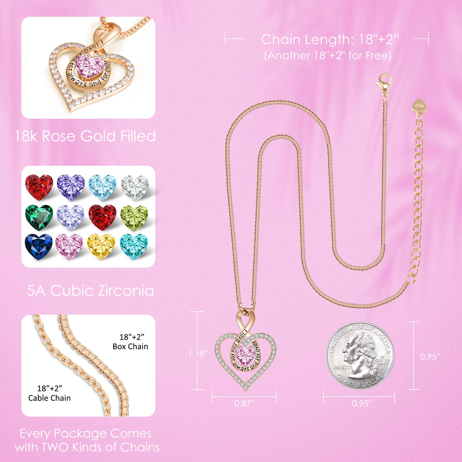 18K Rose Gold Plated Infinity Heart Necklace for Women - Birthstone Personalized Jewelry Gift for Wife, Girlfriend, Mom (Perfect for Anniversary, Birthday, Christmas) | Elegant Everyday Wear & Special Occasion Accessory