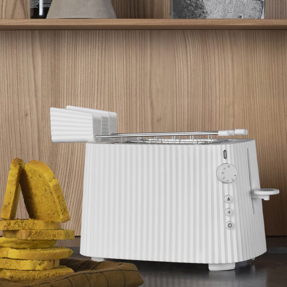ALESSI Plisse Toaster - 2 Slice Stainless Steel Toaster with Adjustable Browning Control, White - Perfect for Breakfast, Kitchen Countertop, and Small Spaces