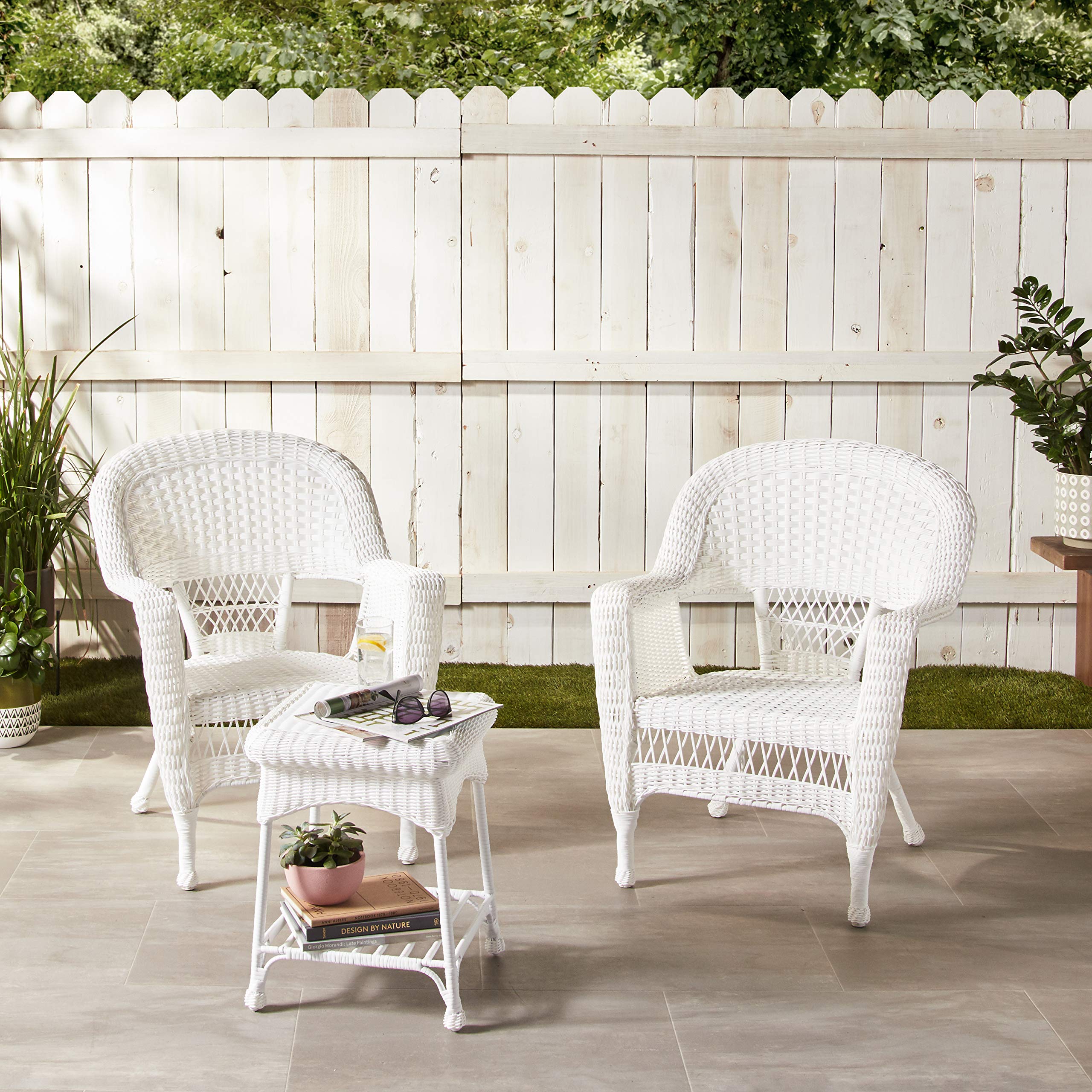 Jeco 3-Piece Wicker Patio Furniture Set - White Rattan Chair & Side Table for Outdoor Garden, Porch or Poolside Relaxation