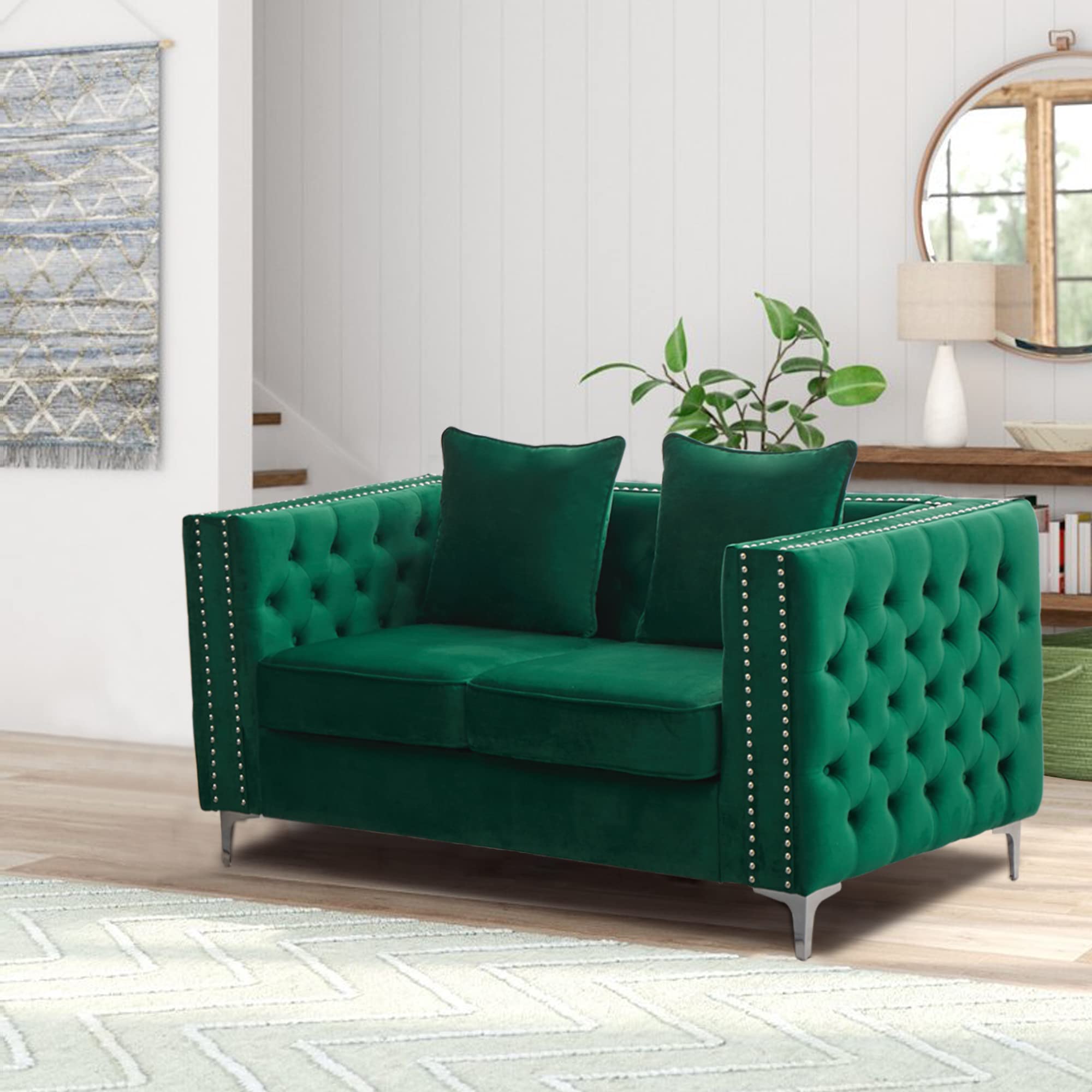 Mid-Century Modern Velvet Loveseat Sofa - Tufted Couch with Metal Legs for Living Room, Office & Bedroom - Emerald Green - Perfect for Small Spaces, Reading Nooks & Cozy Apartment Decor
