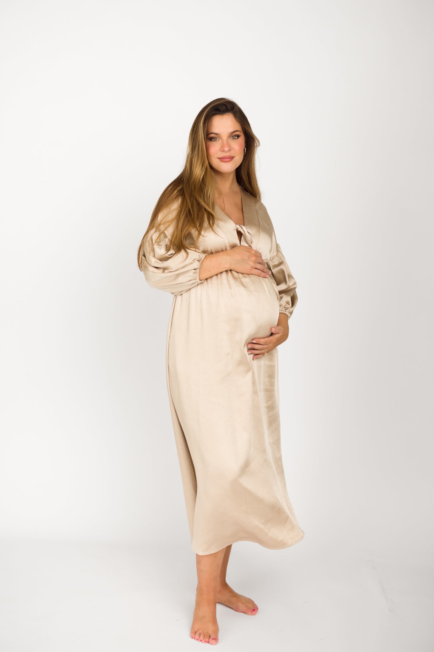Hunter Premium Satin Midi Dress in Champagne - Bump Friendly Maternity Dress for Special Occasions & Pregnancy Photoshoots