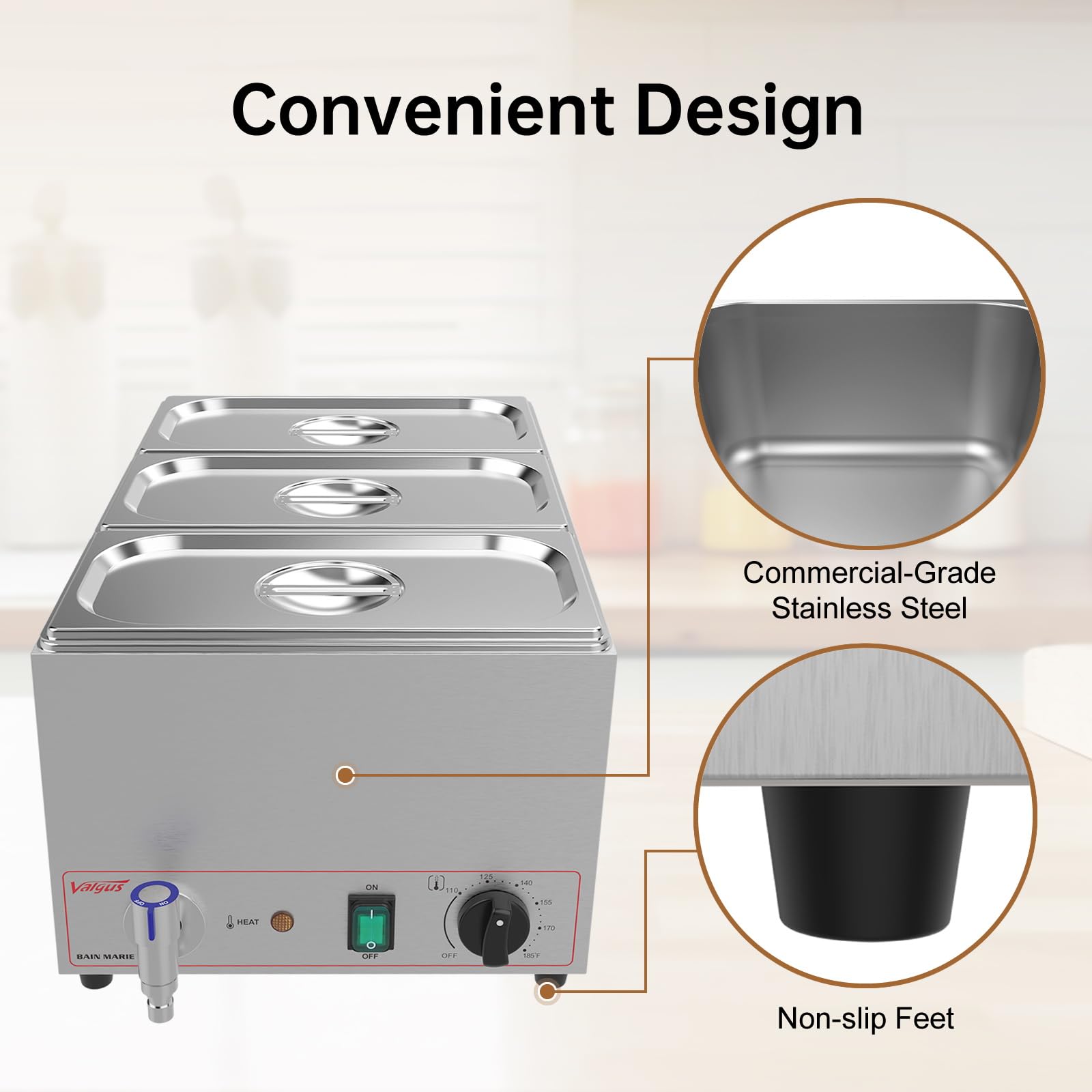 Valgus Commercial Grade Stainless Steel 3-Section 17 Qt Electric Bain Marie Food Warmer with Lid & Tap - Perfect for Catering, Buffets, Restaurants & Banquet Events