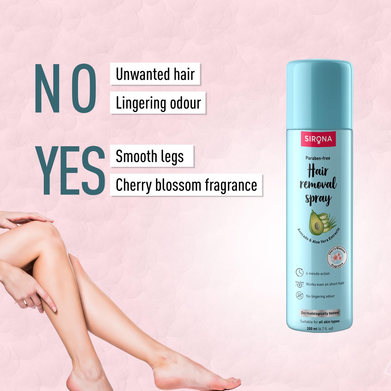 Sirona Hair Removal Spray for Women - Painless Body Hair Removal Cream for Legs, Arms, Underarms & Back | Natural & Safe Formula with Avocado & Aloe Vera Extract | 200ml | Ideal for Smooth Skin at Home, Travel & Quick Hair Removal Before Beach Days