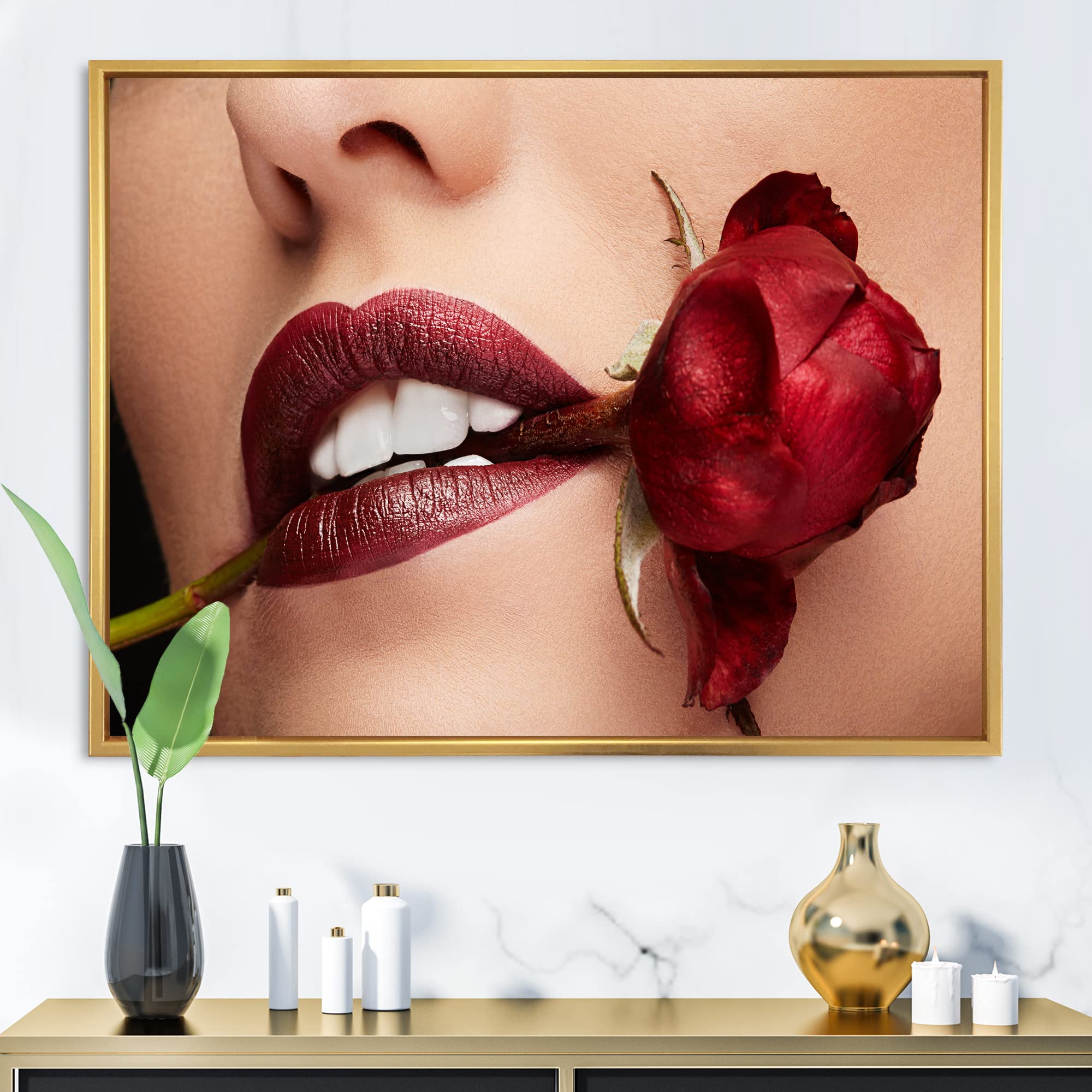 Modern Framed Canvas Wall Art Print - Woman with Red Lipstick Holding Rose in Mouth - Perfect for Living Room, Bedroom & Office Decor