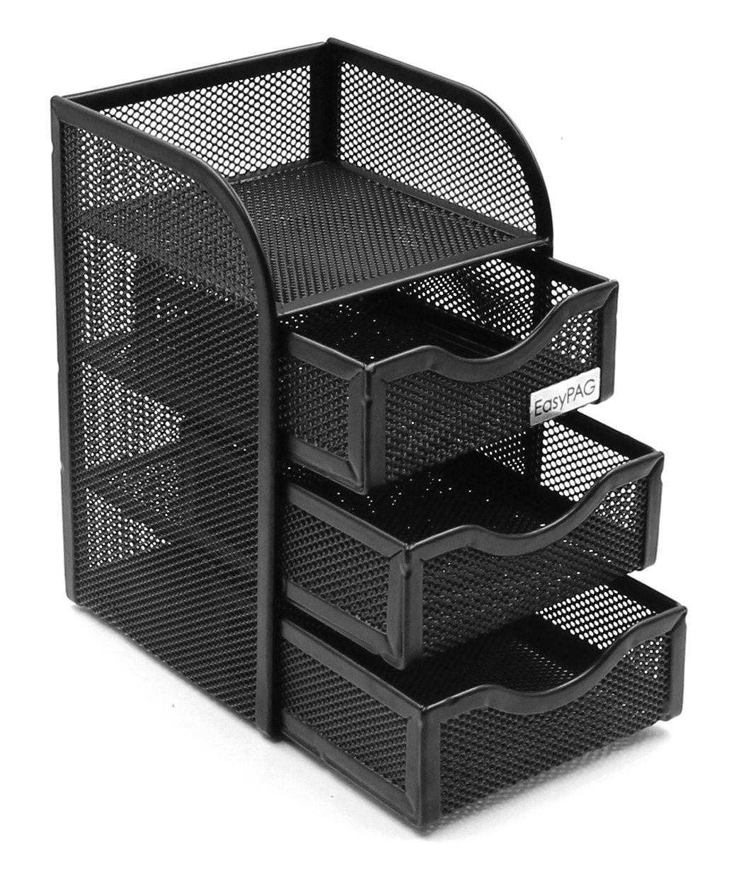 EasyPAG Mesh Desk Organizer with 3 Drawers - Office Desktop Organizer & Stationery Caddy for Home, School, Work - Perfect for Organizing Pens, Papers, and Office Supplies (Black)