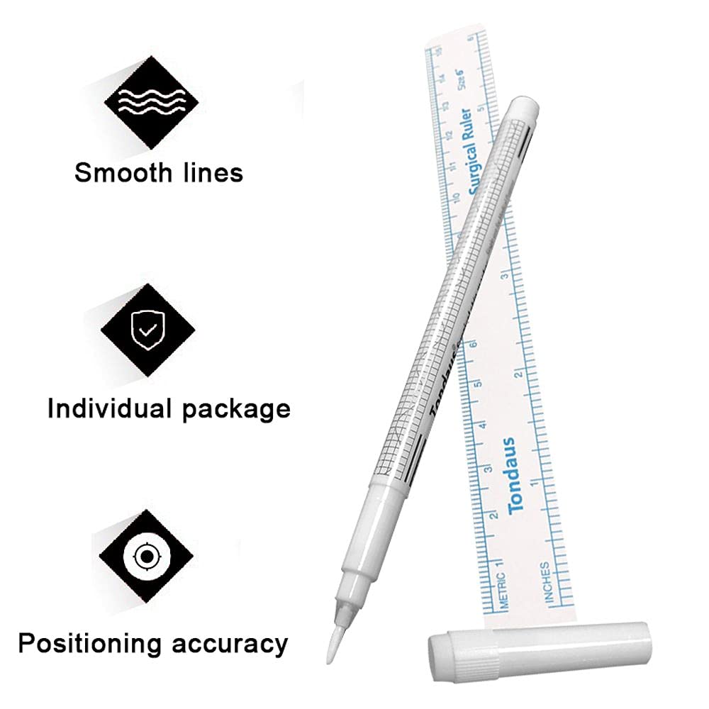 White Surgical Tattoo Eyebrow Skin Marker Pen - Waterproof Single Tip Body Positioning Pen with Paper Ruler | Perfect for Eyebrow Microblading, Permanent Makeup & Tattoo Outlining