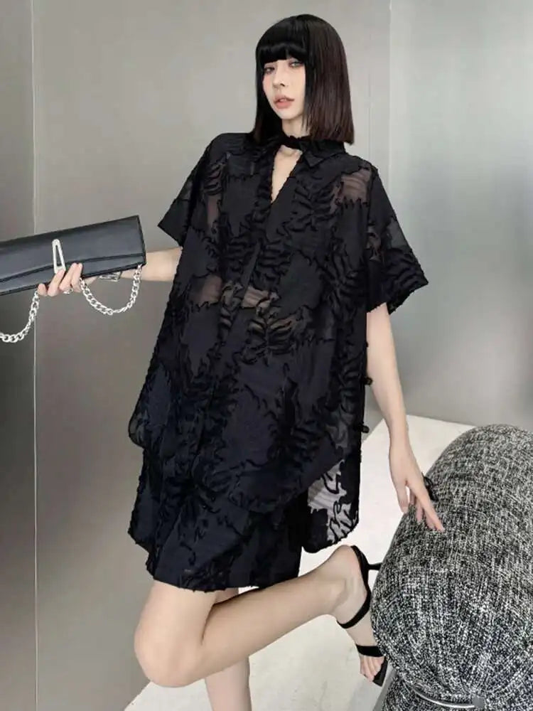 Black Jacquard Shirt & Wide Leg Shorts Two-Piece Set - Women's Fashion Short Sleeve Lapel Suit for Spring Summer 2025 | Office Wear, Casual Outfits & Vacation Style