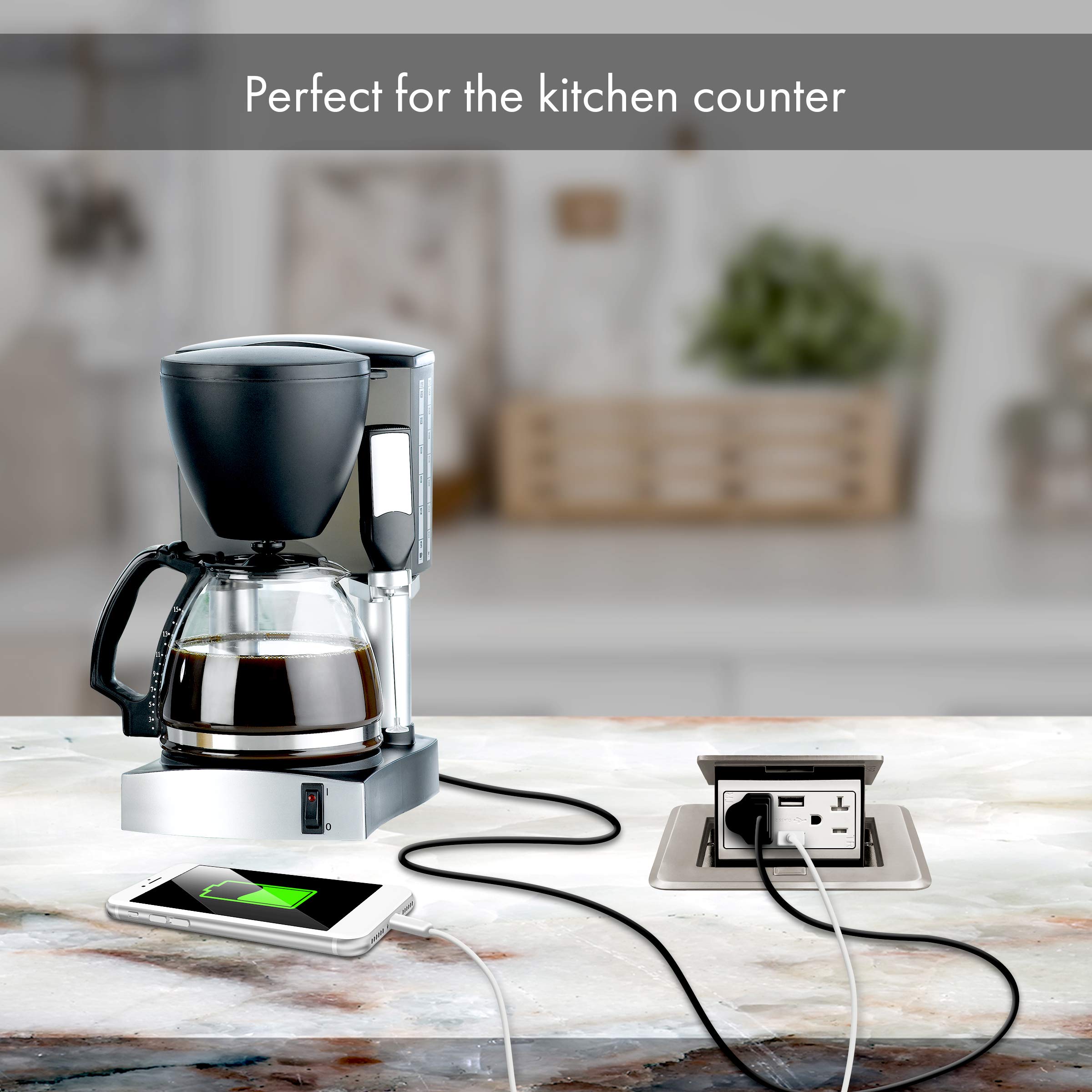 ENERLITES Soft Pop-Up Square Floor Box Kit with 4A USB Charging & 20A Tamper-Proof Weather-Resistant Outlet - Watertight Gasket, Corrosion-Resistant Nickel Plated Brass Cover (Model 961248-S-USB) - Ideal for Outdoor Patios, Decks & Commercial Spaces
