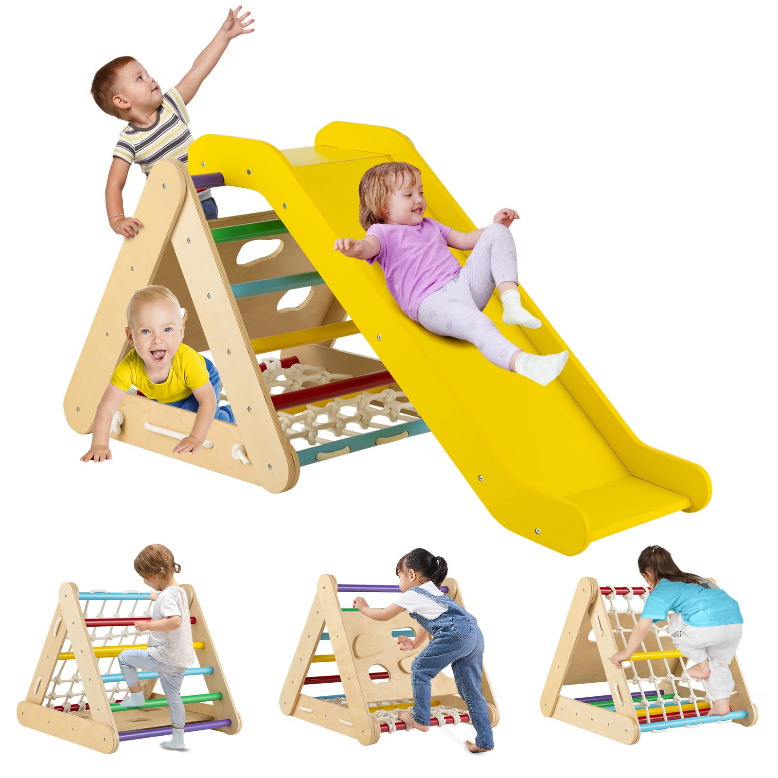 Costzon 4-in-1 Montessori Wooden Triangle Climber for Toddlers - 3-Sided Climbing Toy with Slide Ramp, Climbing Net & Board - Indoor Gym Playset for Kids Boys Girls - Perfect for Home Playroom, Daycare & Preschool Activities
