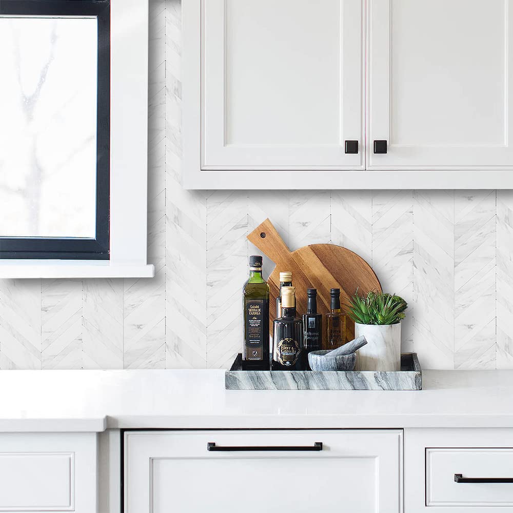 DICOFUN 10 Sheets Herringbone Peel and Stick Backsplash - White Marble Look PVC Self-Adhesive Wall Tile for Kitchen, Bathroom, Laundry Room | Easy DIY Home Renovation & Waterproof Backsplash Solution