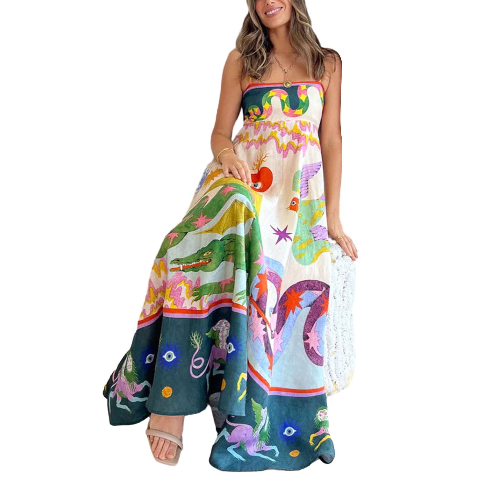 Yuemengxuan Women's Boho Floral Print Spaghetti Strap Maxi Dress - Sleeveless A-Line Summer Long Dress for Party, Cocktail & Streetwear | Perfect for Beach Vacations, Date Nights & Music Festivals