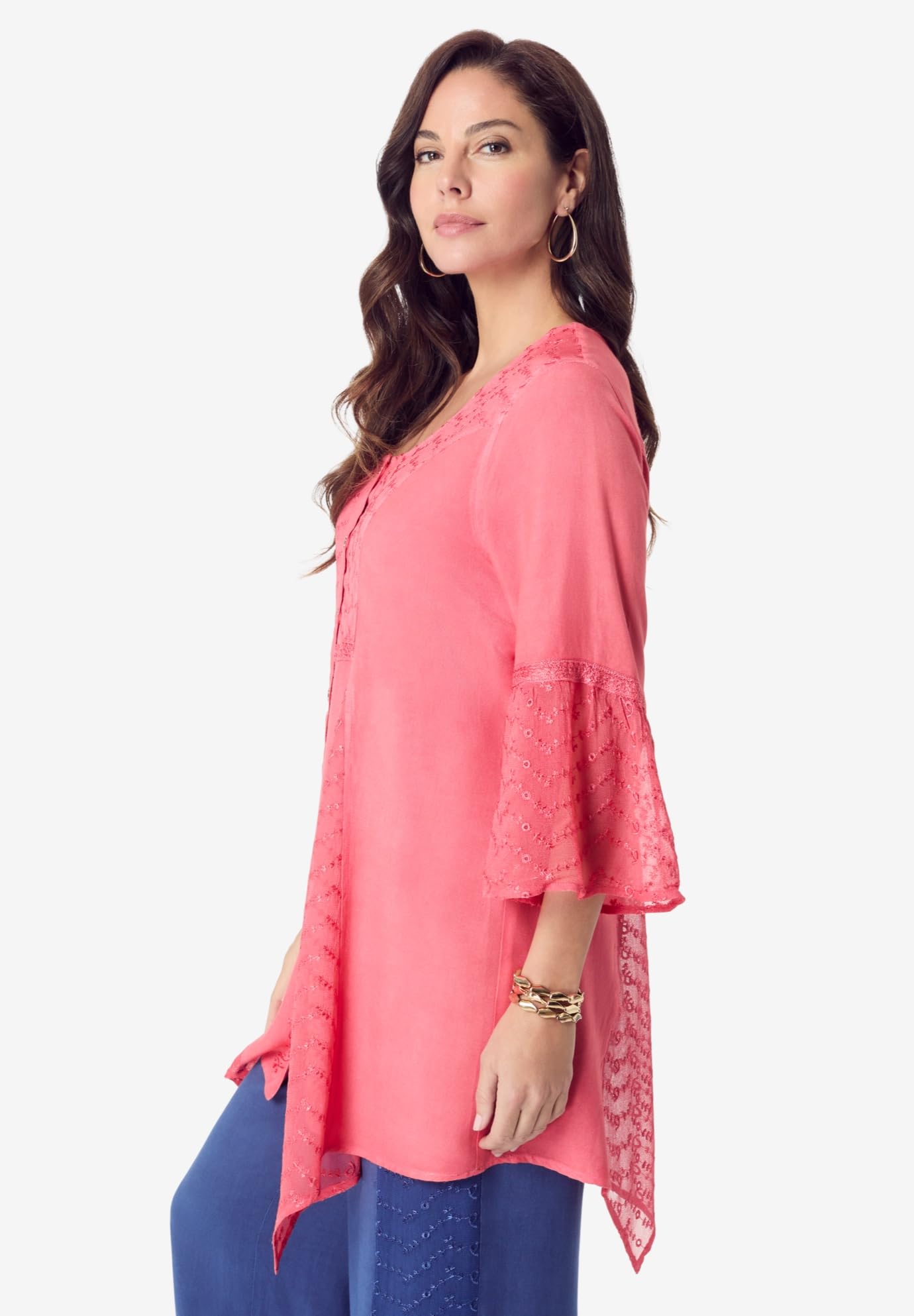 Rooman's Women's Plus Size Acid Wash Oversized Denim Shirt - Casual Chic Layering Piece for Work, Date Night & Weekend Outfits