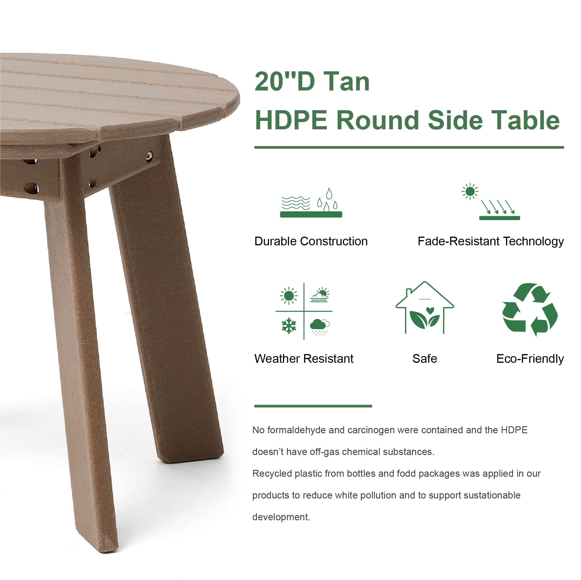 Weather-Resistant HDPE Round Adirondack Outdoor Side Table - Tan Patio Furniture for Garden, Deck, Poolside & Backyard Relaxation