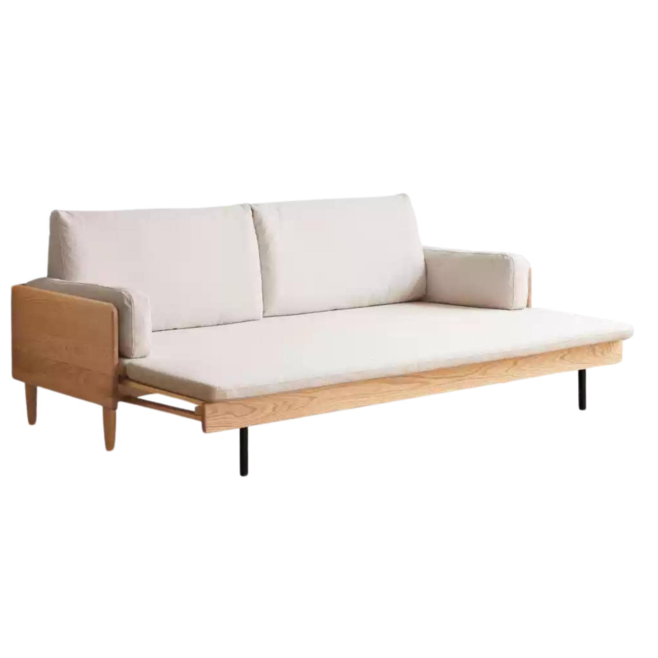 Oak Solid Wood Sofa Bed with Folding White Goose Feather Cushions - Convertible Sleeper for Small Spaces & Guest Rooms