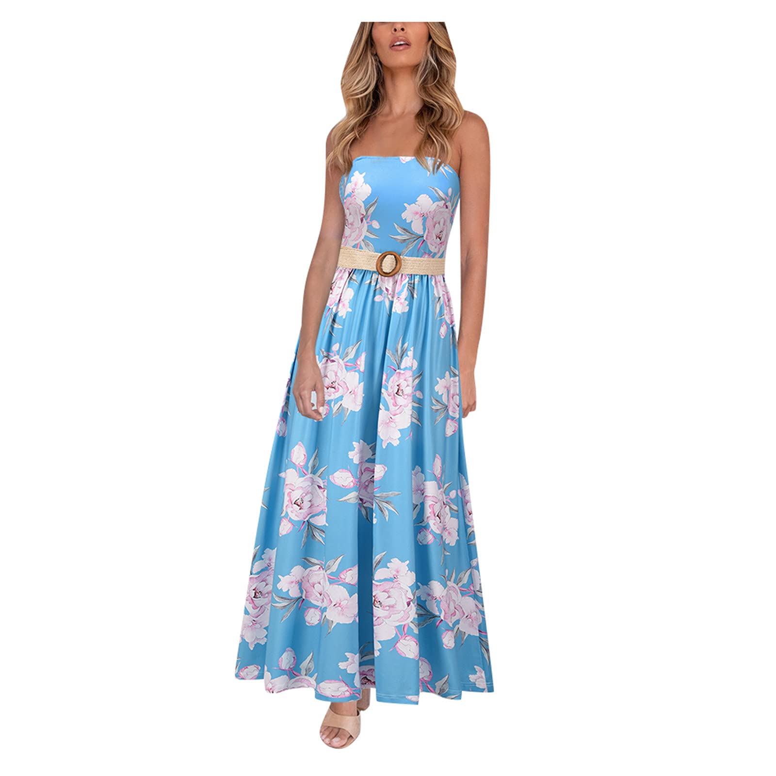 Floral Print Strapless Waist Sleeveless Long Dress for Women - Elegant Summer Casual Fashion, Perfect for Beach Vacations, Date Nights & Outdoor Parties