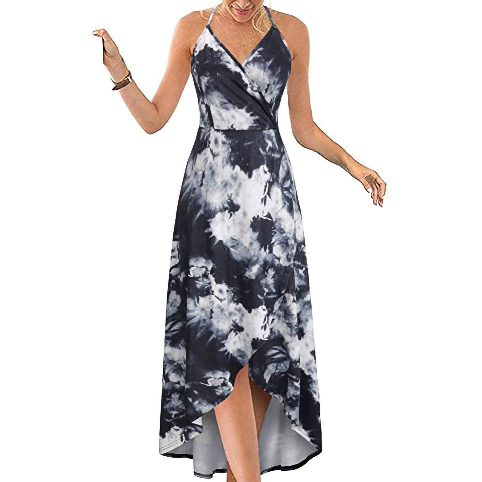 Women's Summer Floral Maxi Dress - V Neck Sleeveless Open Back Long Sundress with Asymmetric Hem | Perfect for Beach Vacations, Date Nights & Summer Parties