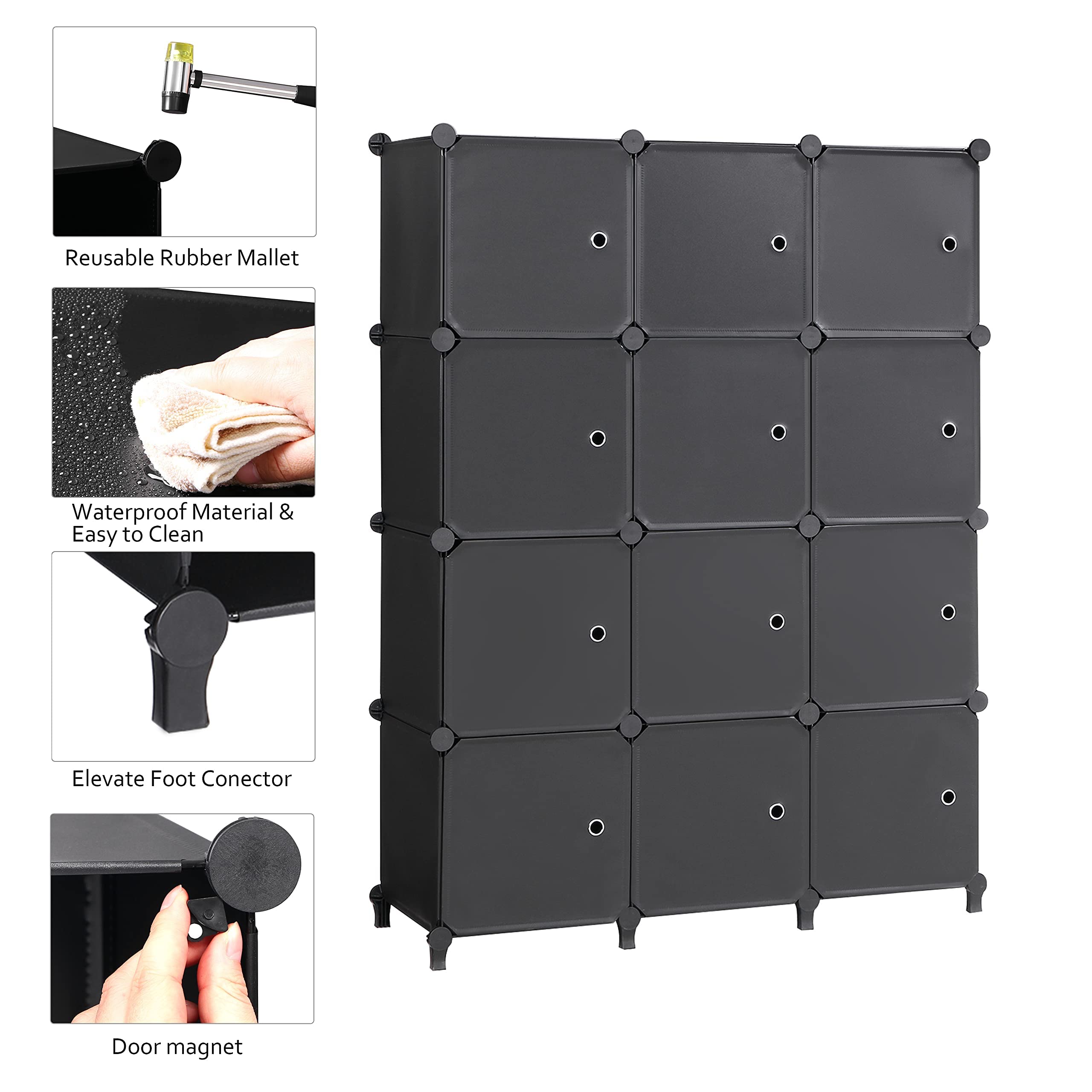 ANWBROAD 12-Cube Storage Organizer with Doors - Black Cube Shelves for Bedroom, Bookshelf, Closet & Office Organization | Space-Saving Modular Storage Solution