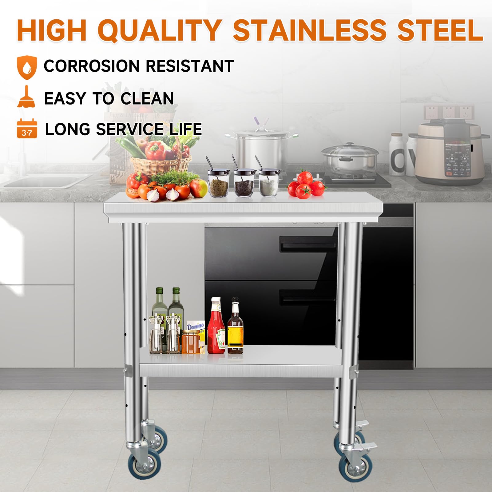 Heavy Duty Stainless Steel Work Table with Wheels - 30x12x34 Inch Commercial Food Prep Table with 4 Casters | Perfect for Restaurant Kitchen, Catering Business & Food Service Industry