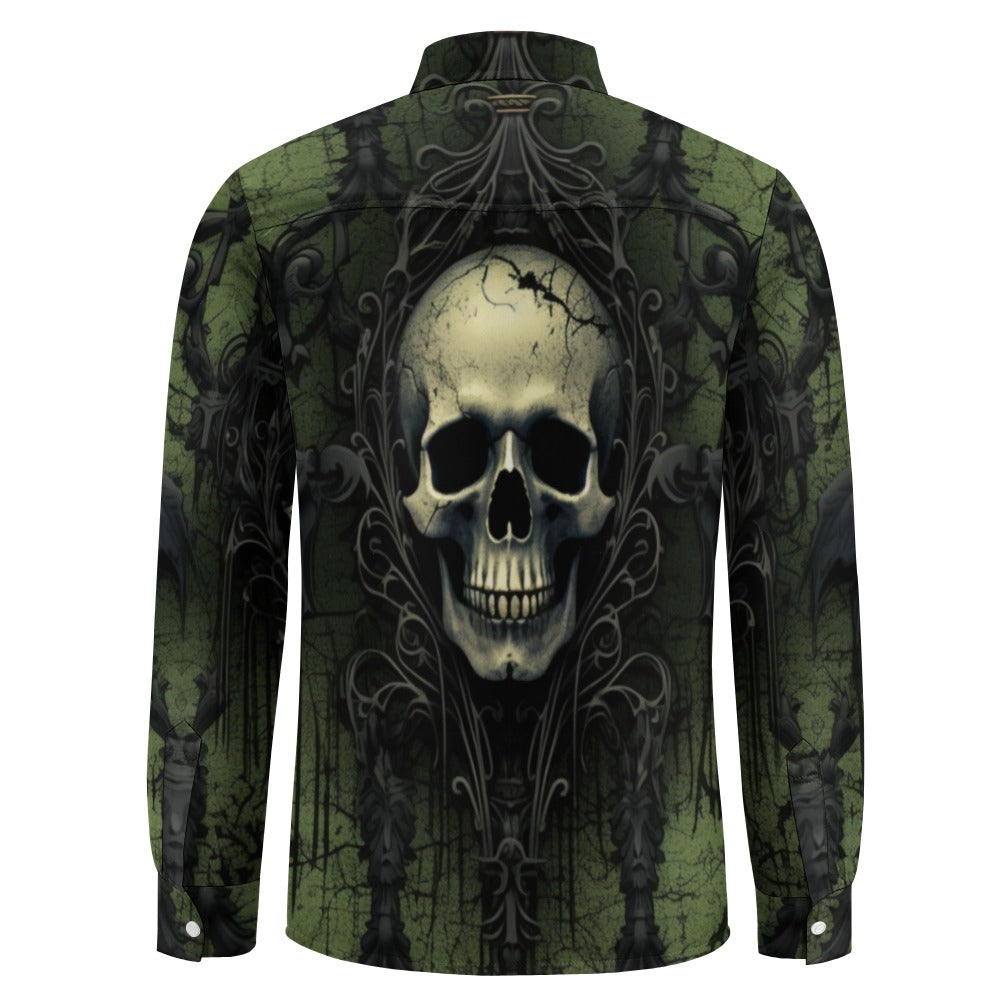 Gothic Green Skull Print Casual Long Sleeve Shirt for Men & Women | Trendy One Pocket Design | Perfect for Halloween, Punk Fashion & Alternative Style Outfits
