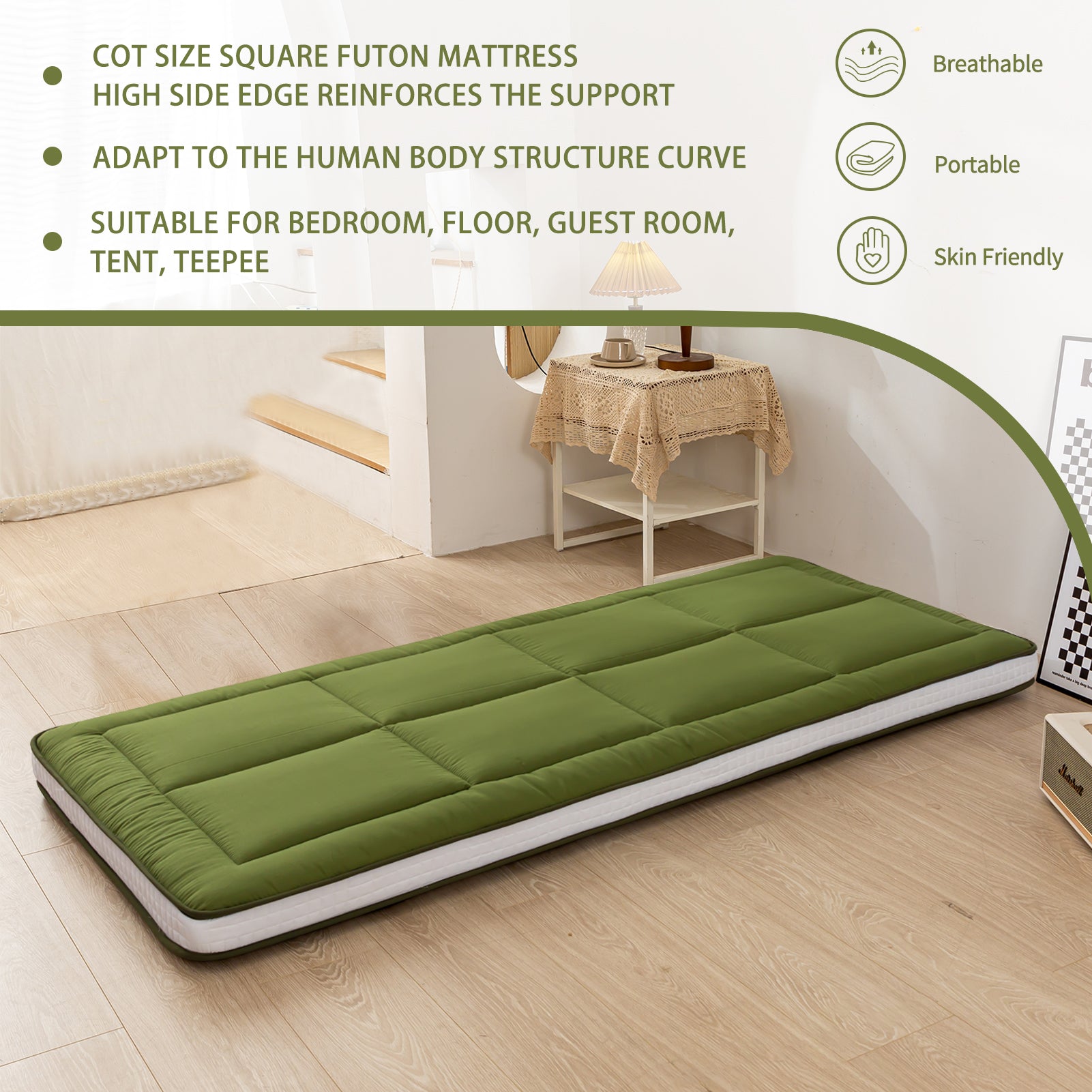 MAXYOYO Padded Japanese Floor Mattress - Green Foldable Roll Up Futon Mattress for Bedroom, Guest Room & Travel | Comfortable Floor Sleeping & Lounging