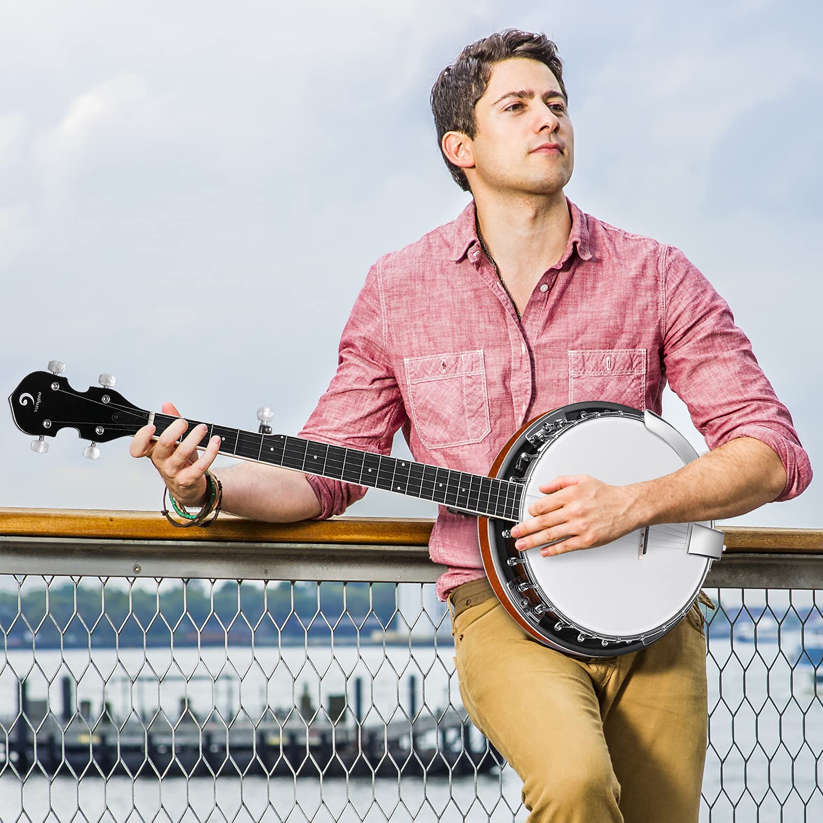 Vangoa Left-Handed 5-String Mahogany Open Back Banjo with Resonator & Remo Drum Head - Full Size Beginner Kit with Manual & Geared 5th String | Perfect for Bluegrass, Folk Music & Beginner Practice at Home