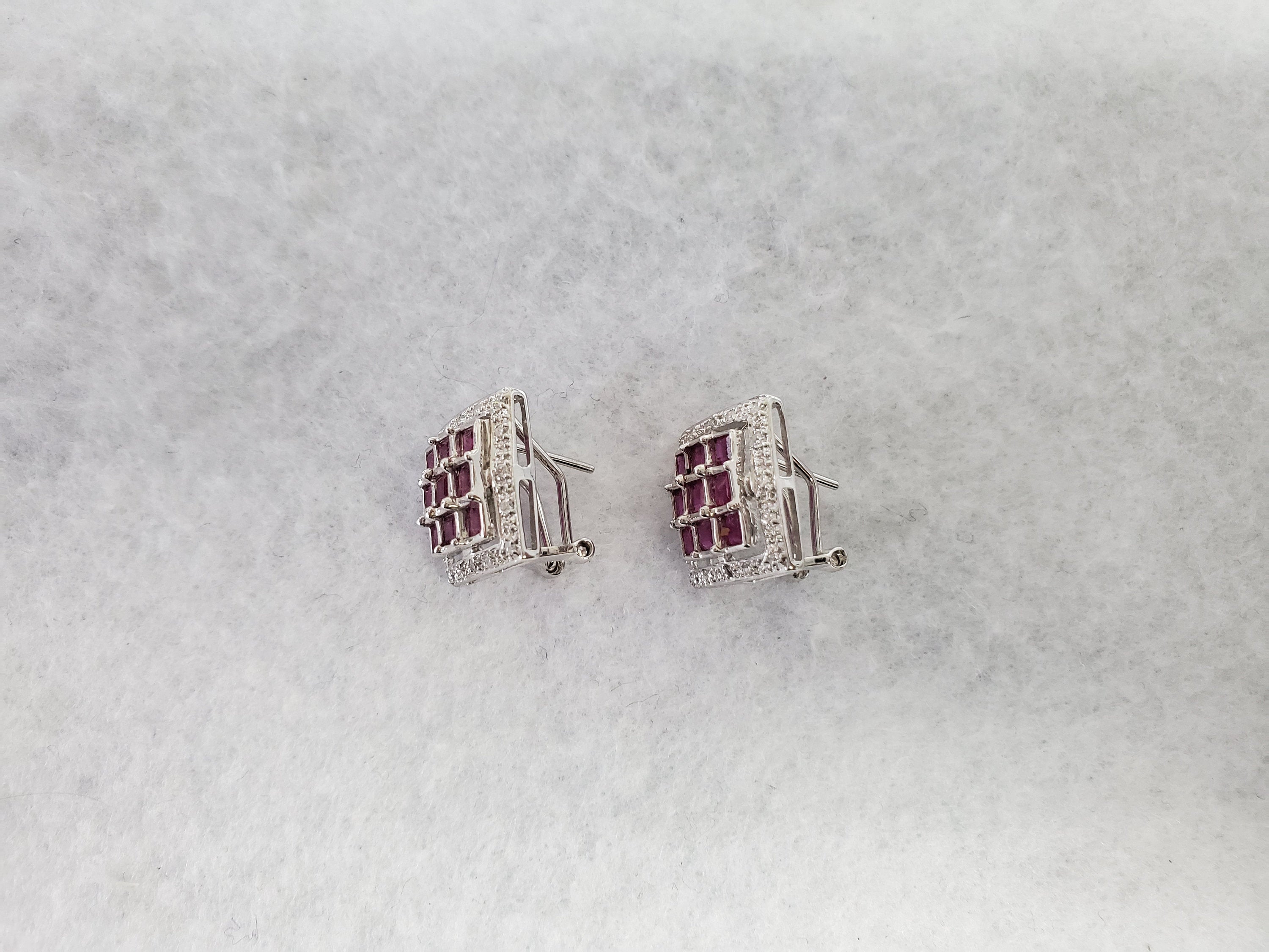 14K White Gold Square Pave Diamond & Ruby Earrings for Women - Elegant Bridal Jewelry, Anniversary Gift, Valentine's Day Present