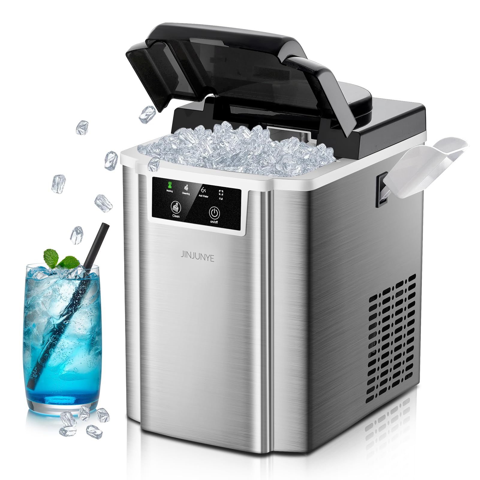 Portable Nugget Ice Maker Countertop - 38LBS/Day Pellet Ice Machine with Self-Cleaning Function, Stainless Steel Chewable Ice Maker for Home, Kitchen, Office, Bar, and Party Use