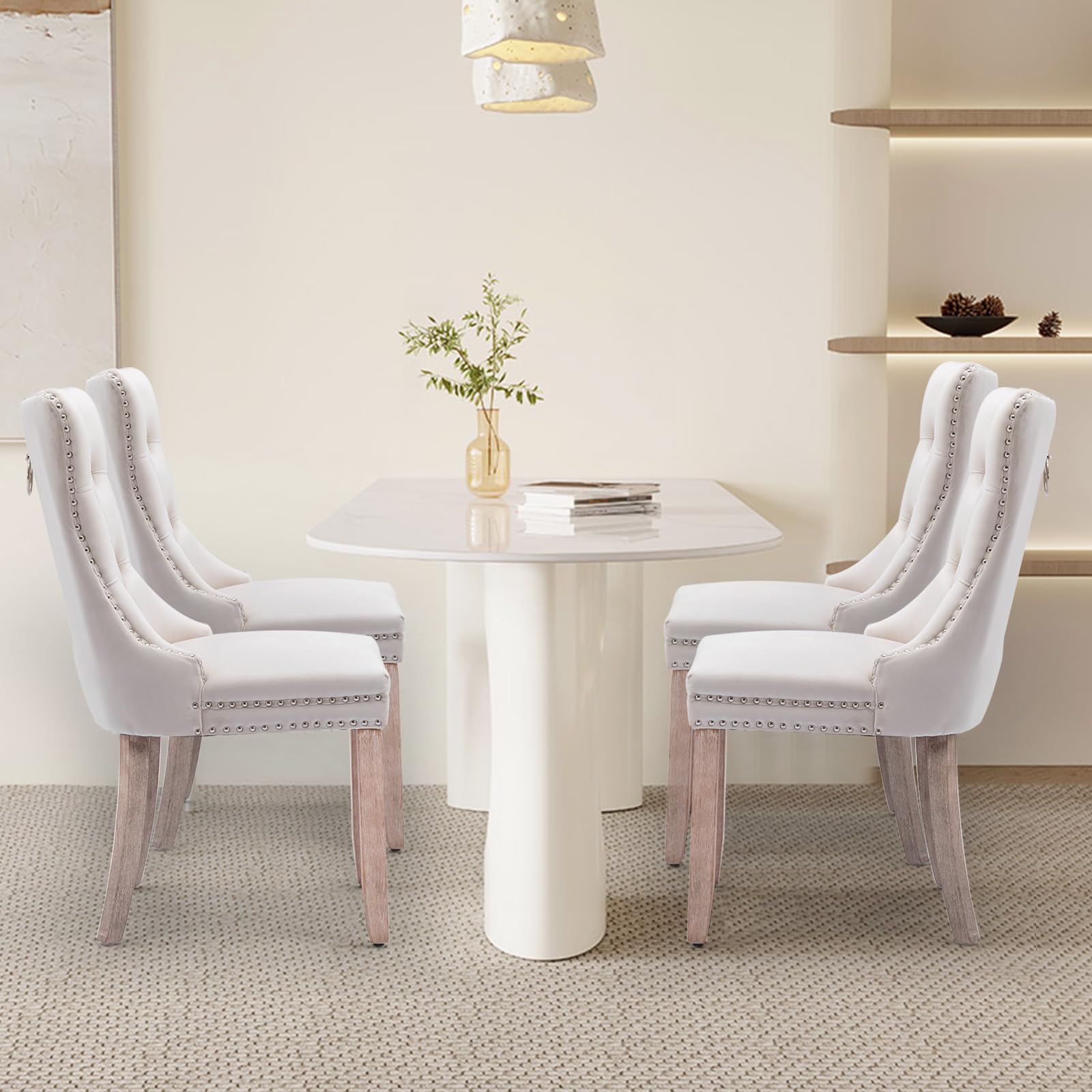 Velvet Upholstered Dining Chairs Set of 4 - Modern Kitchen Side Chairs with Nailhead Trim & Solid Wood Legs - Metal Pulling Ring Accent - Beige Upholstery for Dining Room, Living Room, Kitchen Island & Breakfast Nook - Comfortable Seating for Home Decor (Set of 4)