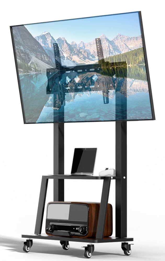 Portable Mobile TV Cart Stand with Wheels for 32-75 Inch TVs - Adjustable Height & 15° Viewing Angle, 130LBS Capacity, VESA 600×400 - Perfect for Living Room, Bedroom, or Office Entertainment Setup