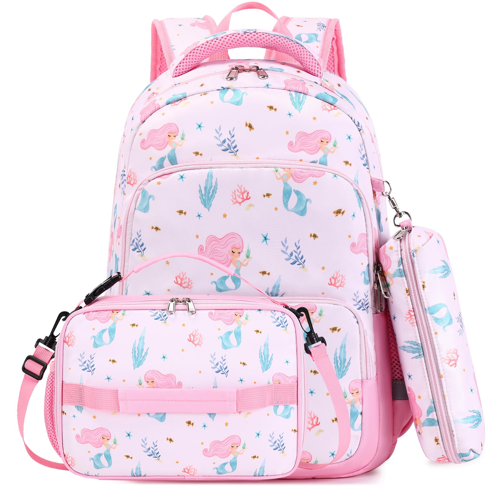 MIRLEWAIY Mermaid Backpack Set for Girls - 3-Piece School Backpack with Insulated Lunch Bag & Pencil Case | Cute Elementary Student Book Bag for School, Travel & Daily Use