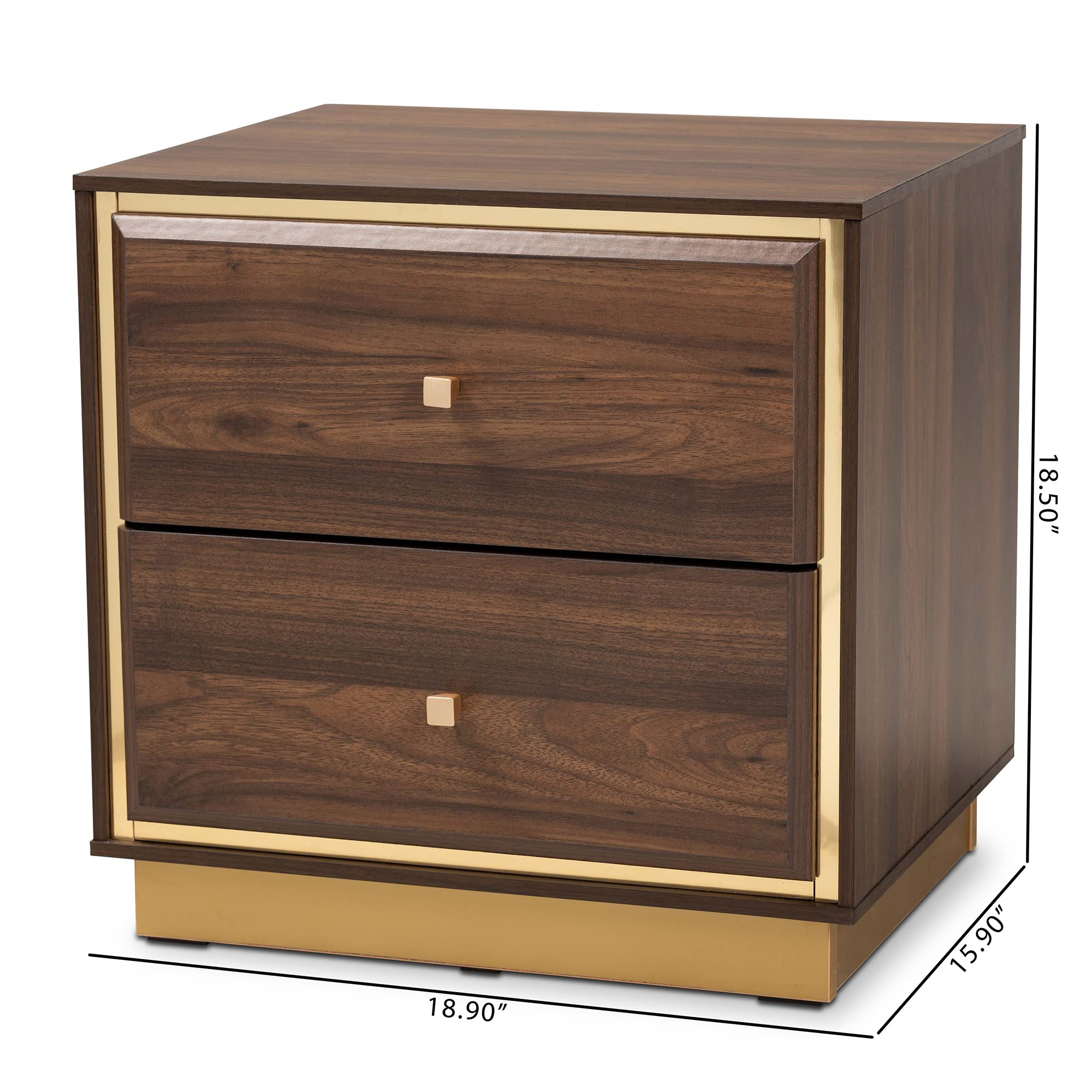 Baxton Studio Cormac Nightstands - Walnut Brown & Gold Finish, Modern Bedside Tables for Bedroom, Nightstand with Drawer & Shelf - Perfect for Home Decor & Small Space Storage