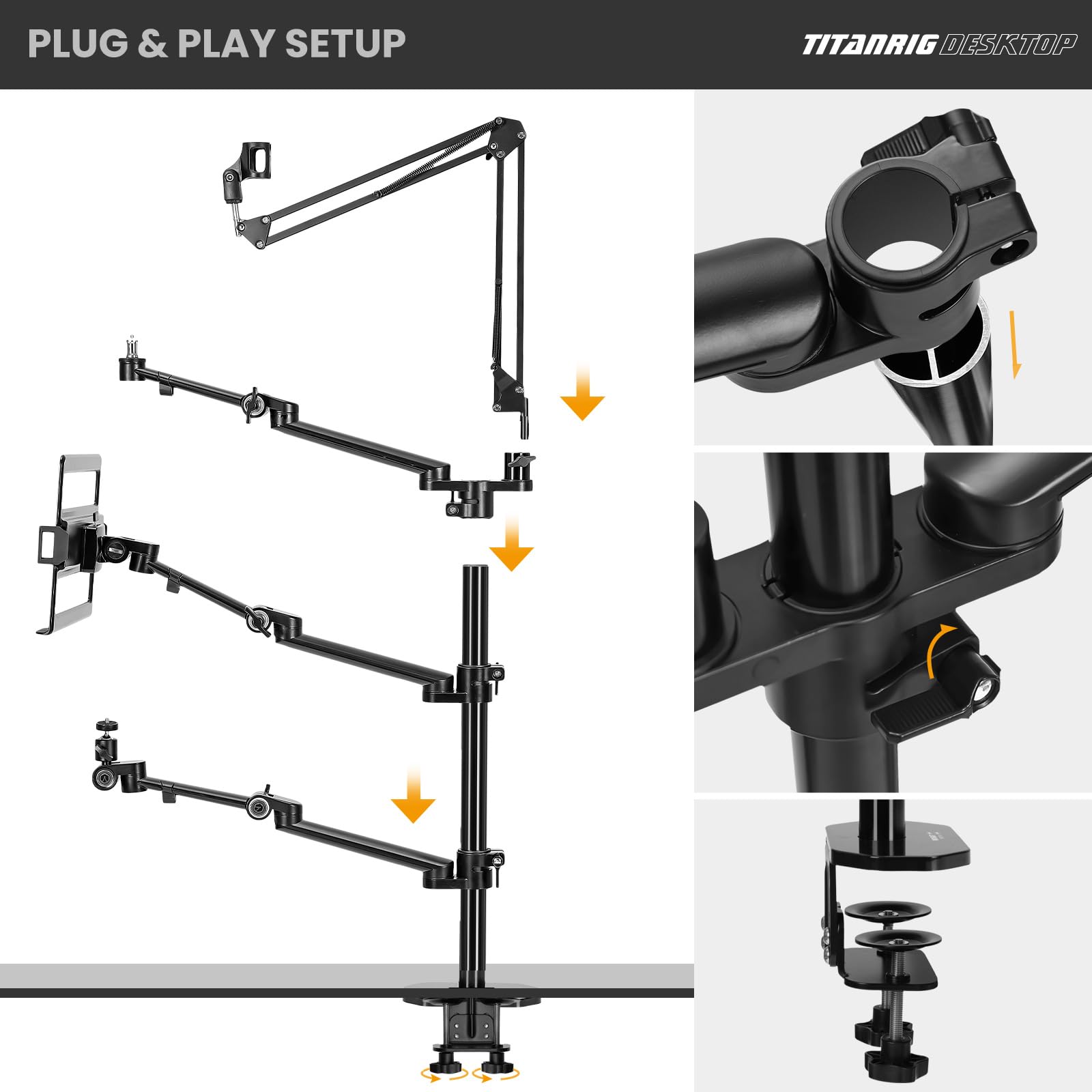 TARION 4-in-1 Adjustable Overhead Camera Arm Mount for Streaming - Desk Stand with Mic Boom & 3 Articulating Arms for DSLR Camera, Ring Light, Monitor & Laptop - Perfect for Live Streaming, YouTube Videos & Home Office Setup