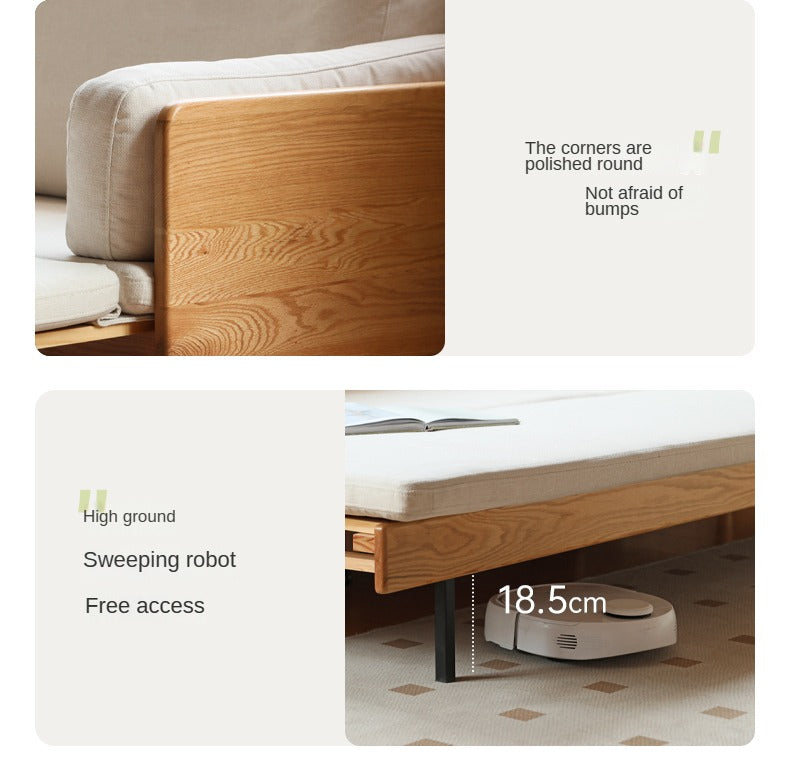 Oak Solid Wood Sofa Bed with Folding White Goose Feather Cushions - Convertible Sleeper for Small Spaces & Guest Rooms