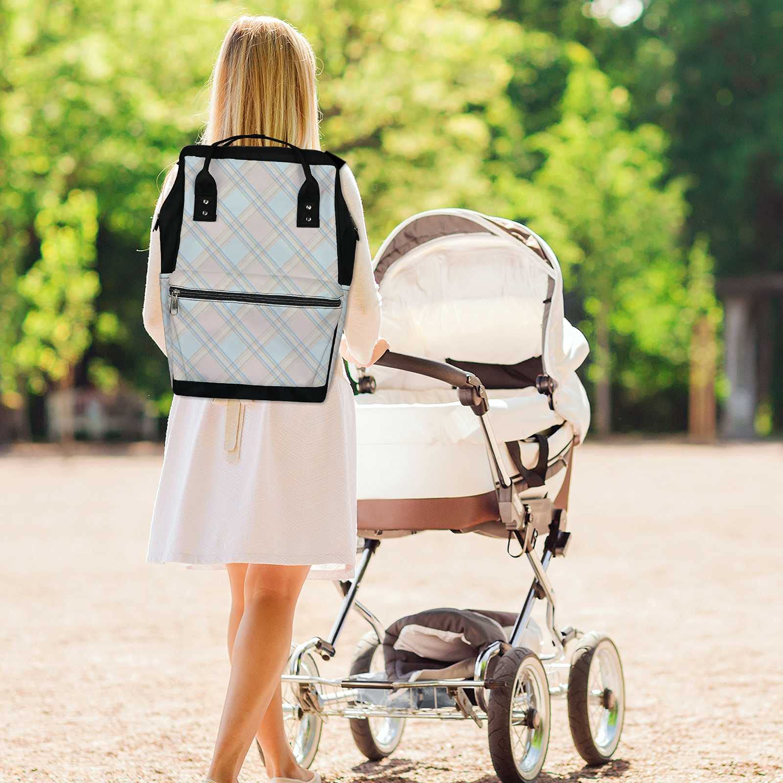 Multifunctional Waterproof Diaper Backpack - Large Capacity Baby Nappy Bag for Travel, Nursing & Outings | Light Pink & Blue Square Diagonal Stripes Design | Perfect for Moms on the Go, Daycare & Family Trips